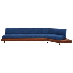 Midcentury Angled Sofa Upholstered with Indigo Hemp Rug