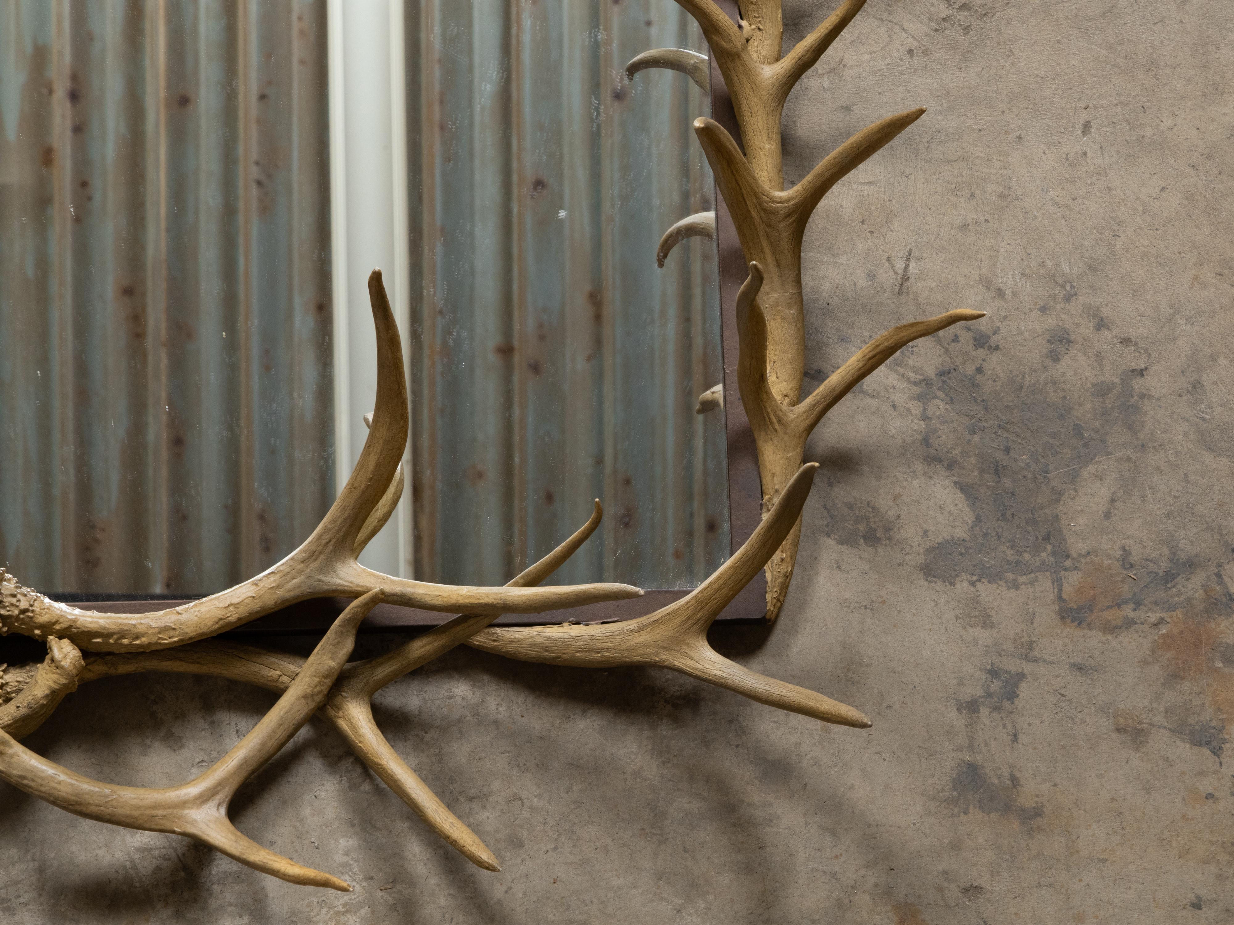 20th Century Midcentury Antler Wall Mirror with Arching Frame and Rustic Character For Sale