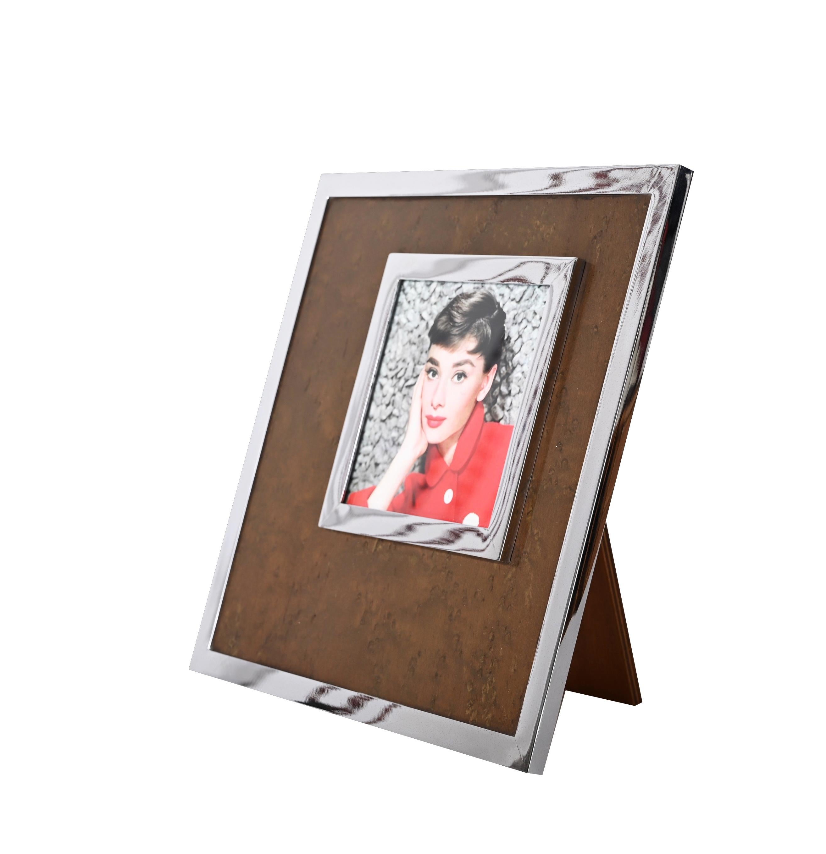 Midcentury Antonio Botta Burl Wood and Chromed Italian Picture Frame, 1970s In Good Condition In Roma, IT