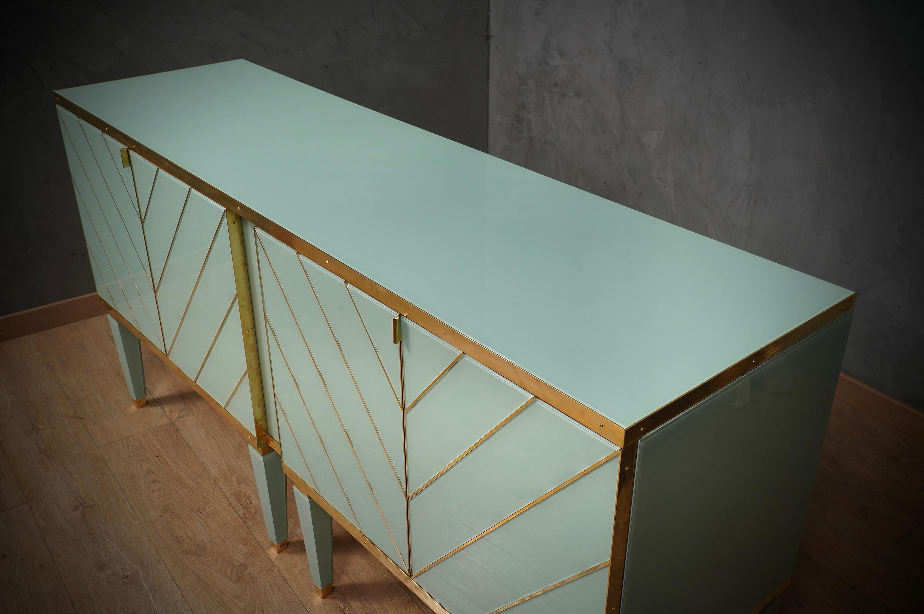 MidCentury Aqua Green Art Glass and Brass Italian Sideboard Credenza, 1980 For Sale 6