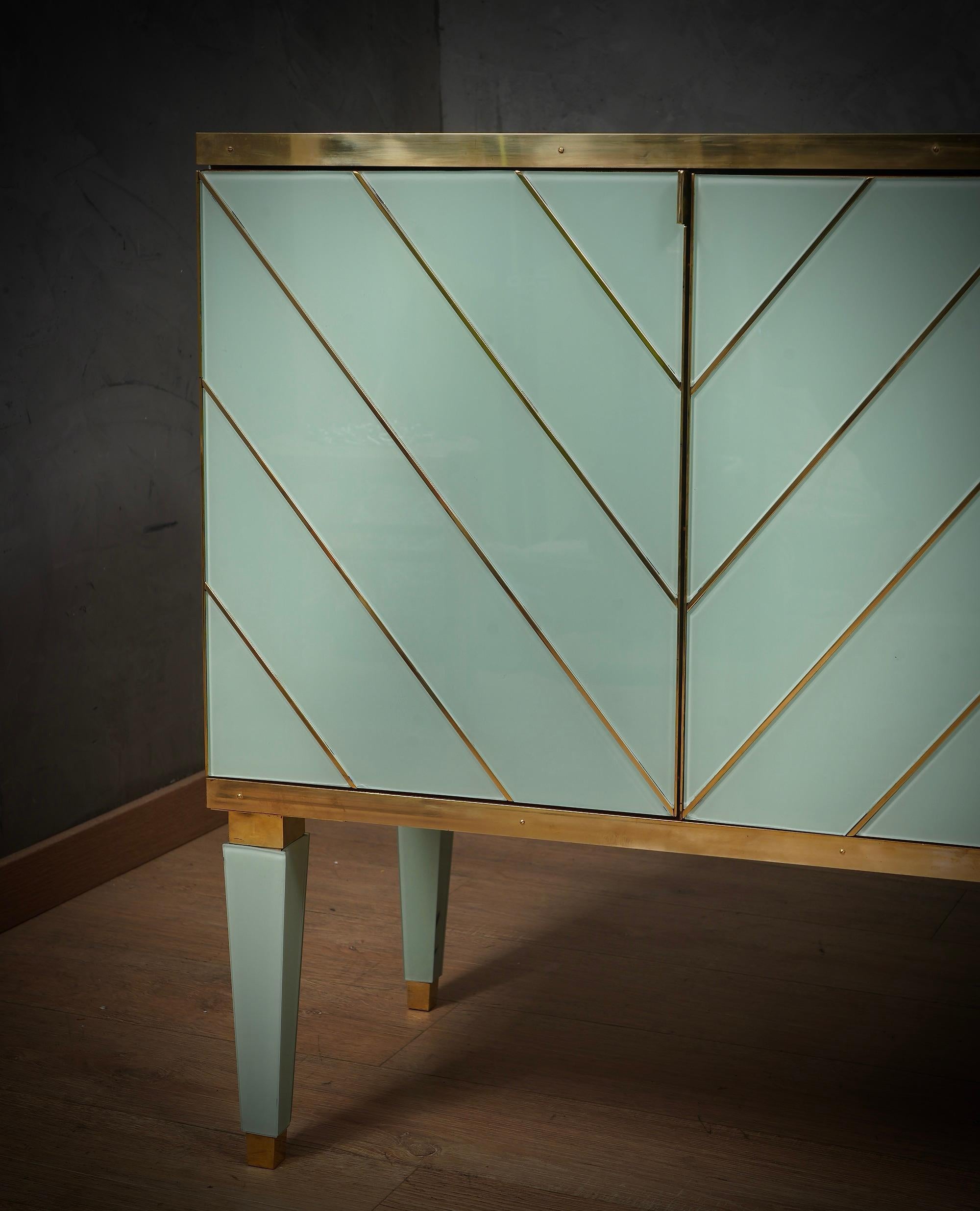 Late 20th Century MidCentury Aqua Green Art Glass and Brass Italian Sideboard Credenza, 1980 For Sale