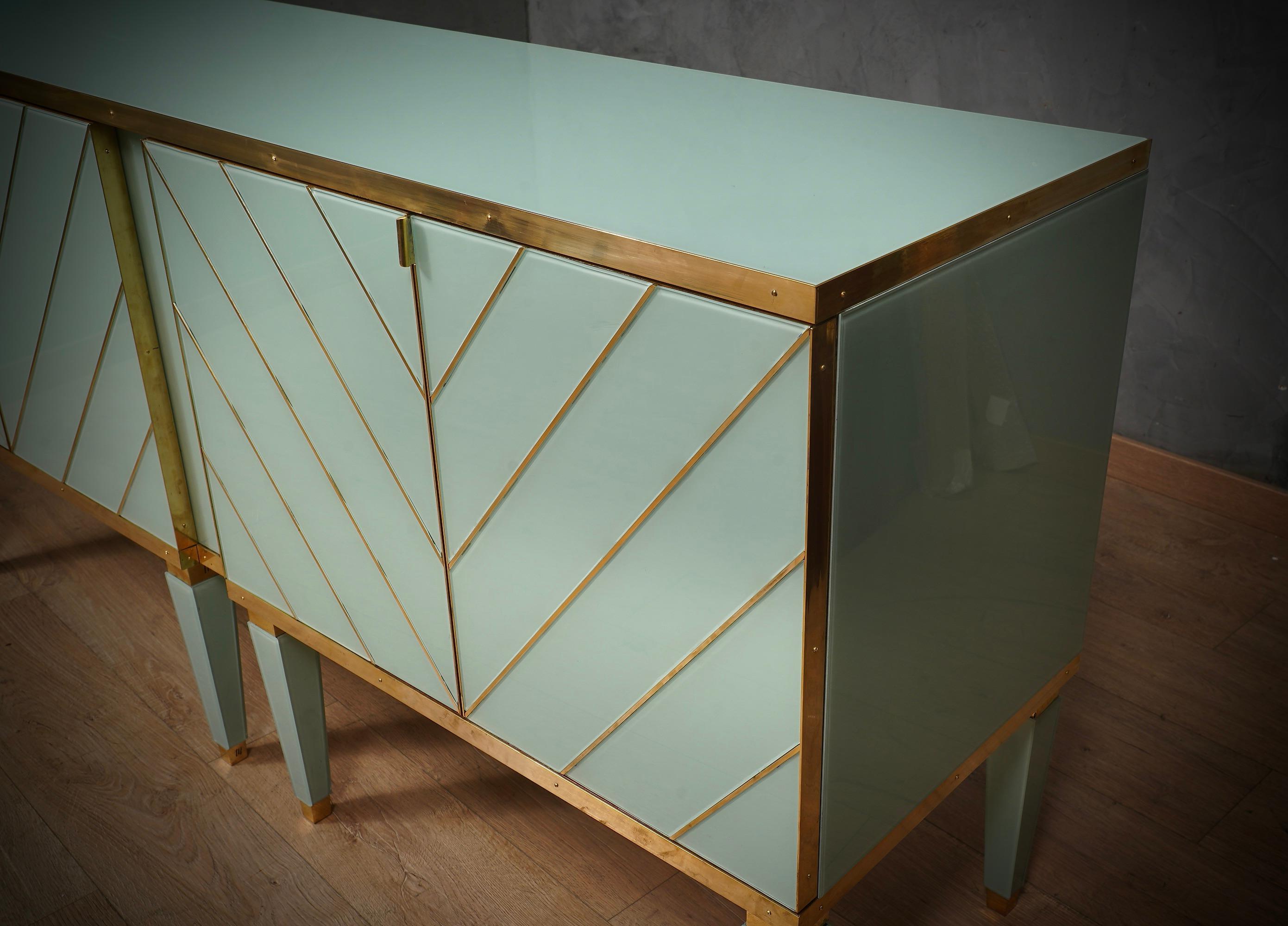 MidCentury Aqua Green Art Glass and Brass Italian Sideboard Credenza, 1980 For Sale 1