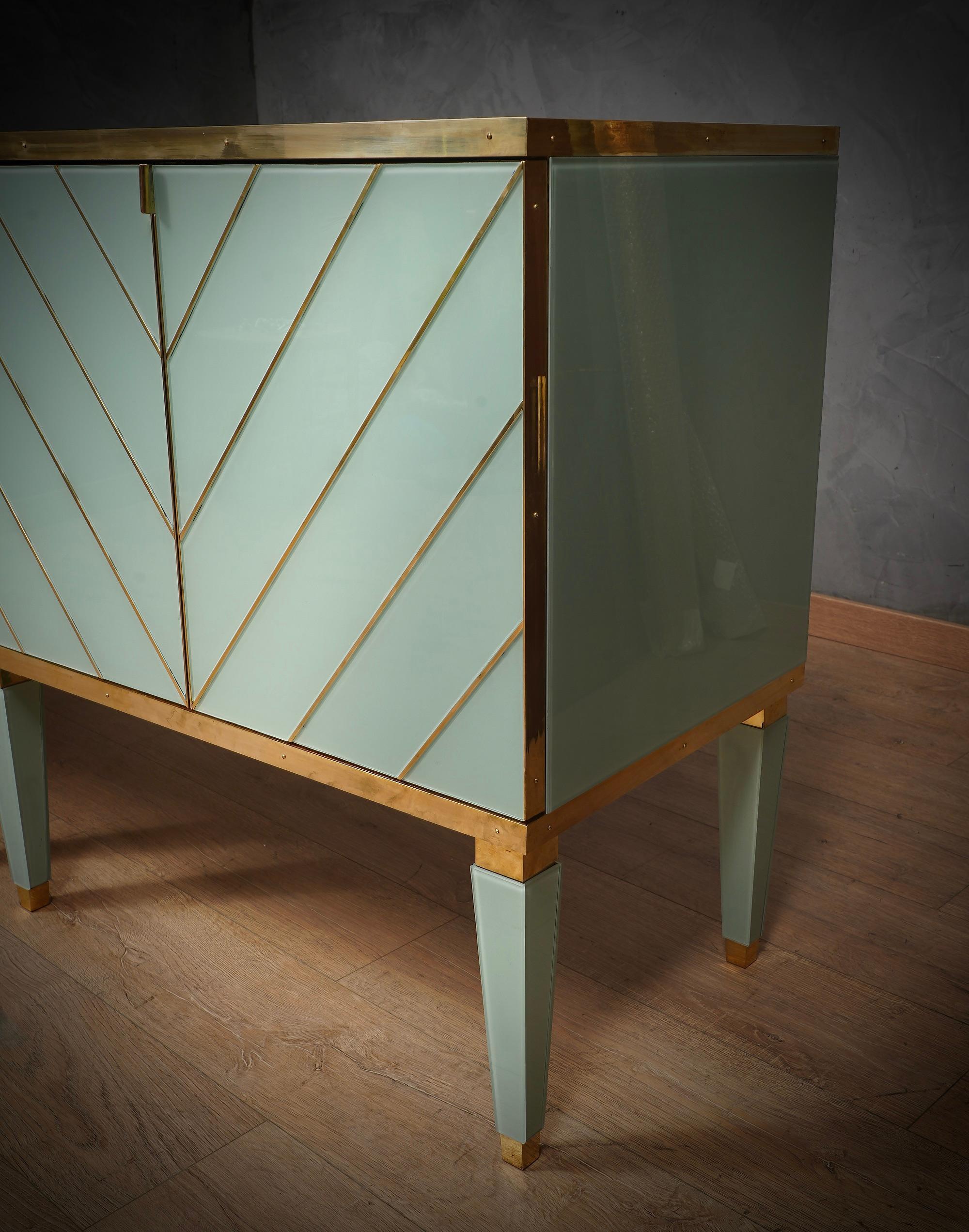 MidCentury Aqua Green Art Glass and Brass Italian Sideboard Credenza, 1980 For Sale 2