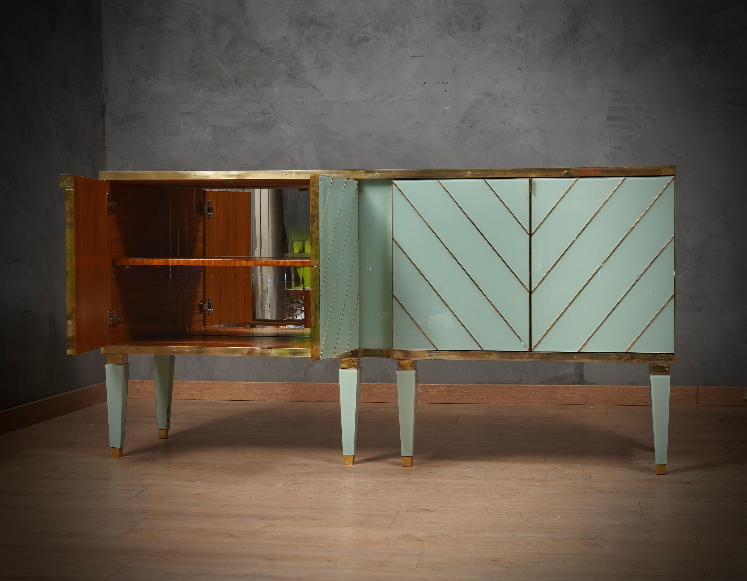 MidCentury Aqua Green Art Glass and Brass Italian Sideboard Credenza, 1980 For Sale 3