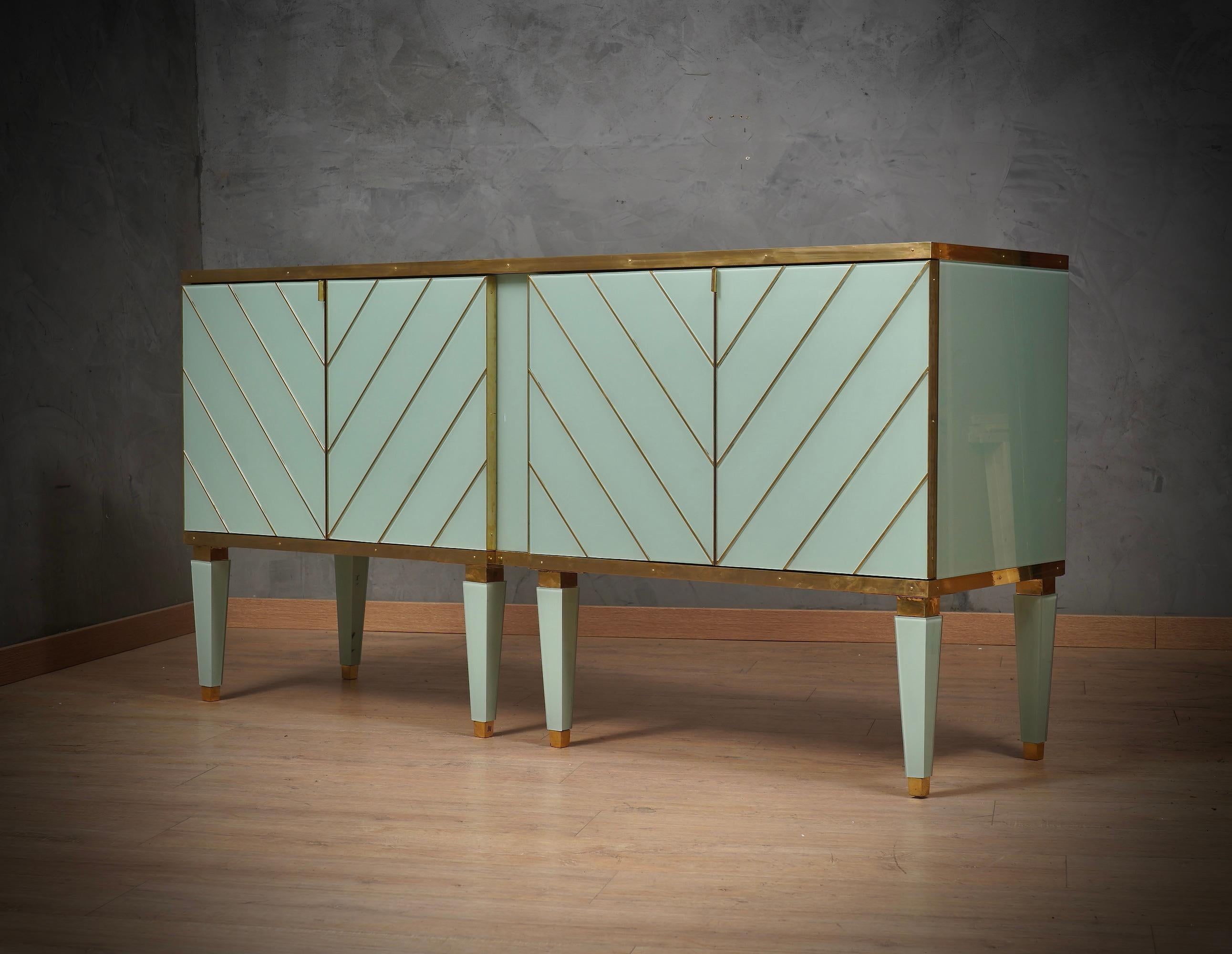 MidCentury Aqua Green Art Glass and Brass Italian Sideboard Credenza, 1980 For Sale 4