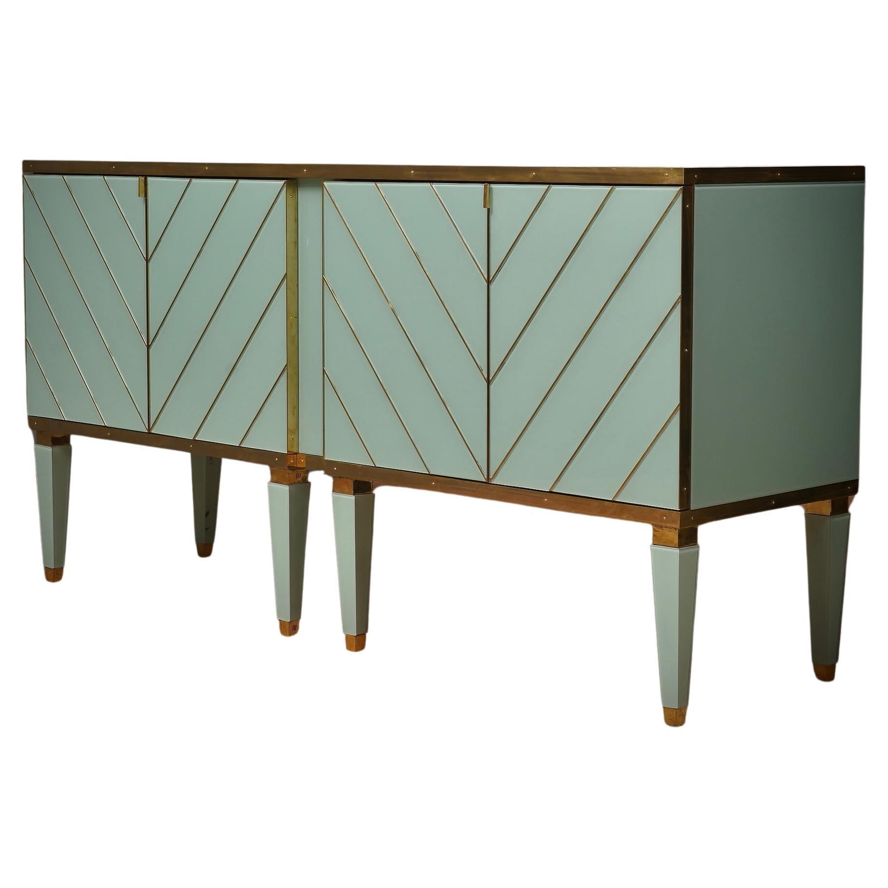 MidCentury Aqua Green Art Glass and Brass Italian Sideboard Credenza, 1980 For Sale