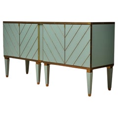 Retro MidCentury Aqua Green Art Glass and Brass Italian Sideboard Credenza, 1980