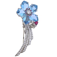 Midcentury Aquamarine Diamond Ruby Platinum Flower Brooch