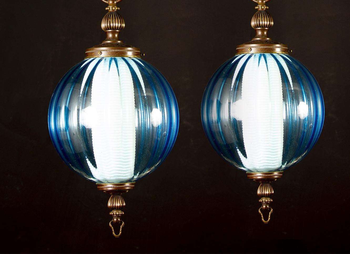 Mid-Century Modern Midcentury Aquamarine Murano Glass Atmosphere Lanterns or Pendants, Italy, 1950