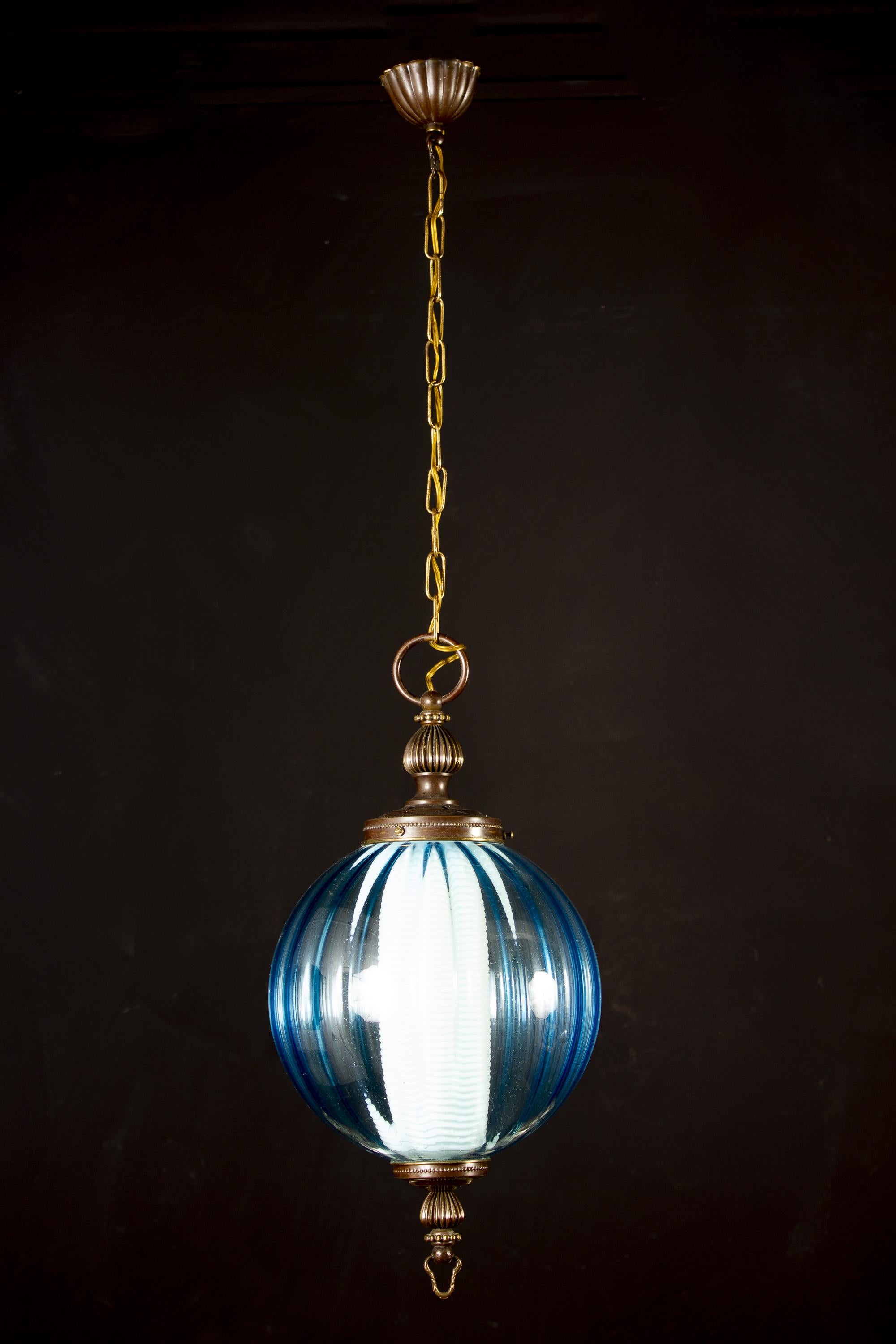 Blown Glass Midcentury Aquamarine Murano Glass Atmosphere Lanterns or Pendants, Italy, 1950