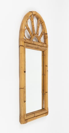 Midcentury Arch Wall Mirror in Bamboo & Rattan Vivai Del Sud Style, Italy 1970s