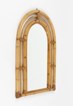 Midcentury Arch Wall Mirror in Bamboo & Rattan Vivai Del Sud Style, Italy 1970s