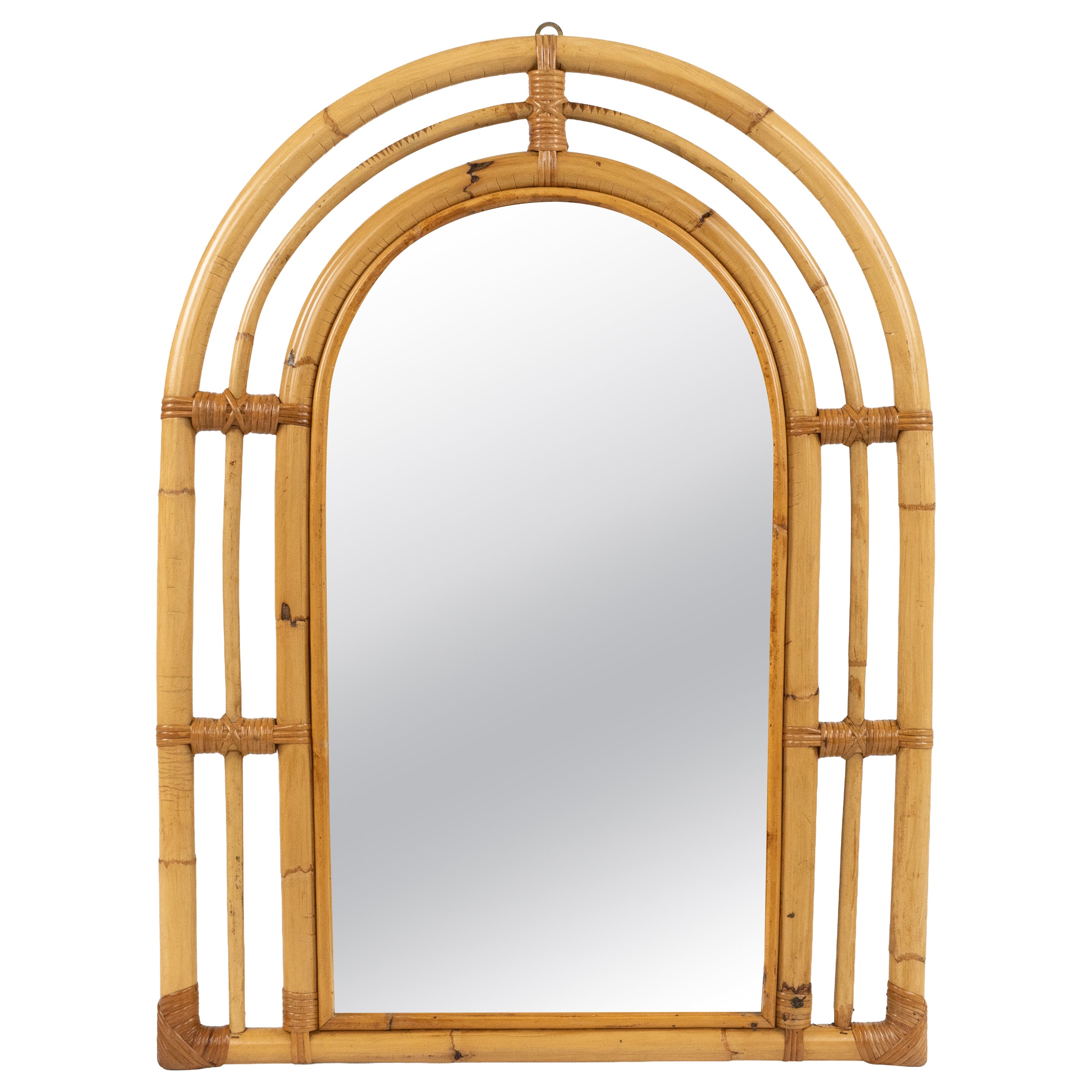 Midcentury Arch Wall Mirror in Bamboo & Rattan Vivai Del Sud Style, Italy 1970s