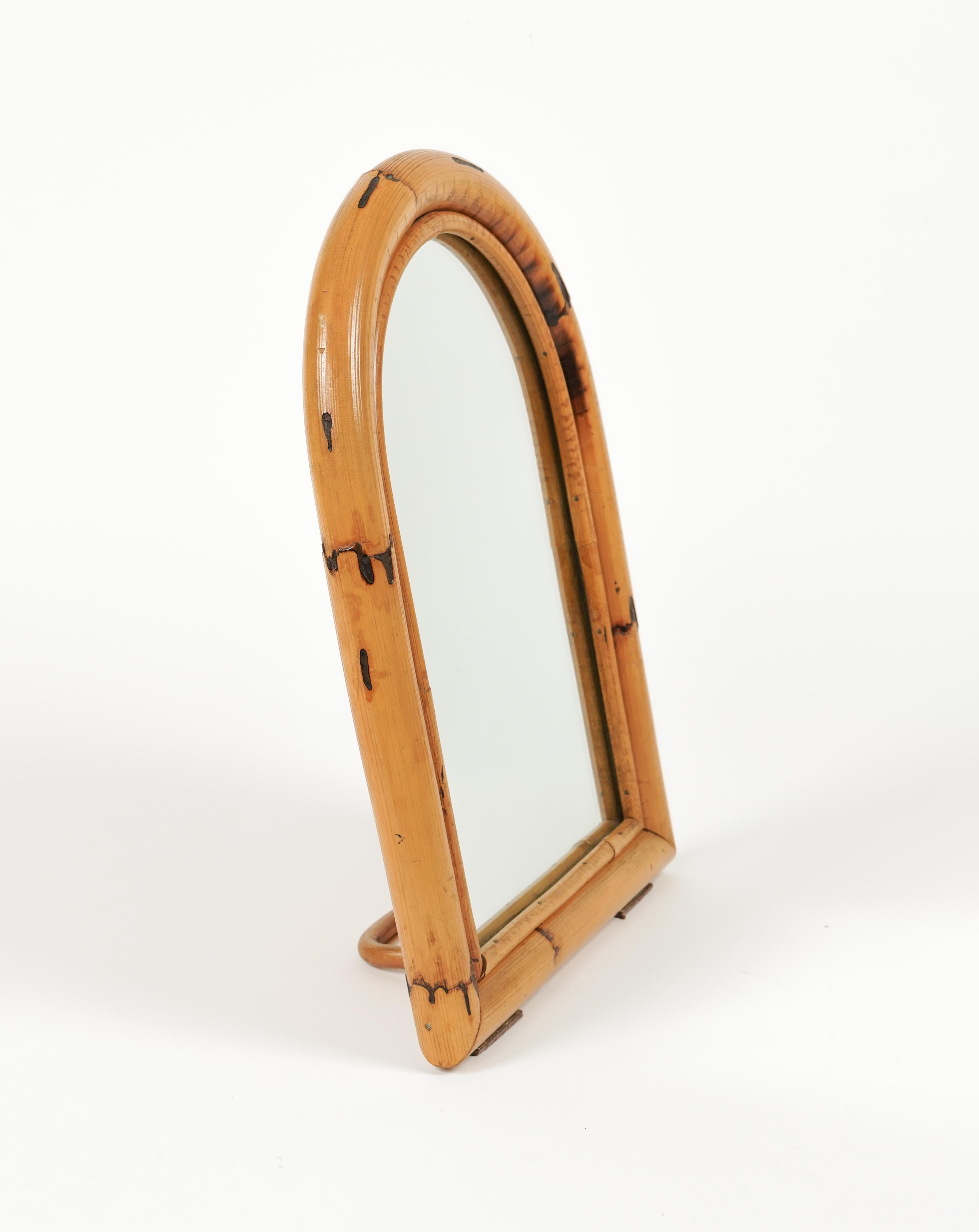 Mid-Century Modern Midcentury Arched Bamboo and Rattan Table Mirror, Italy 1970s For Sale