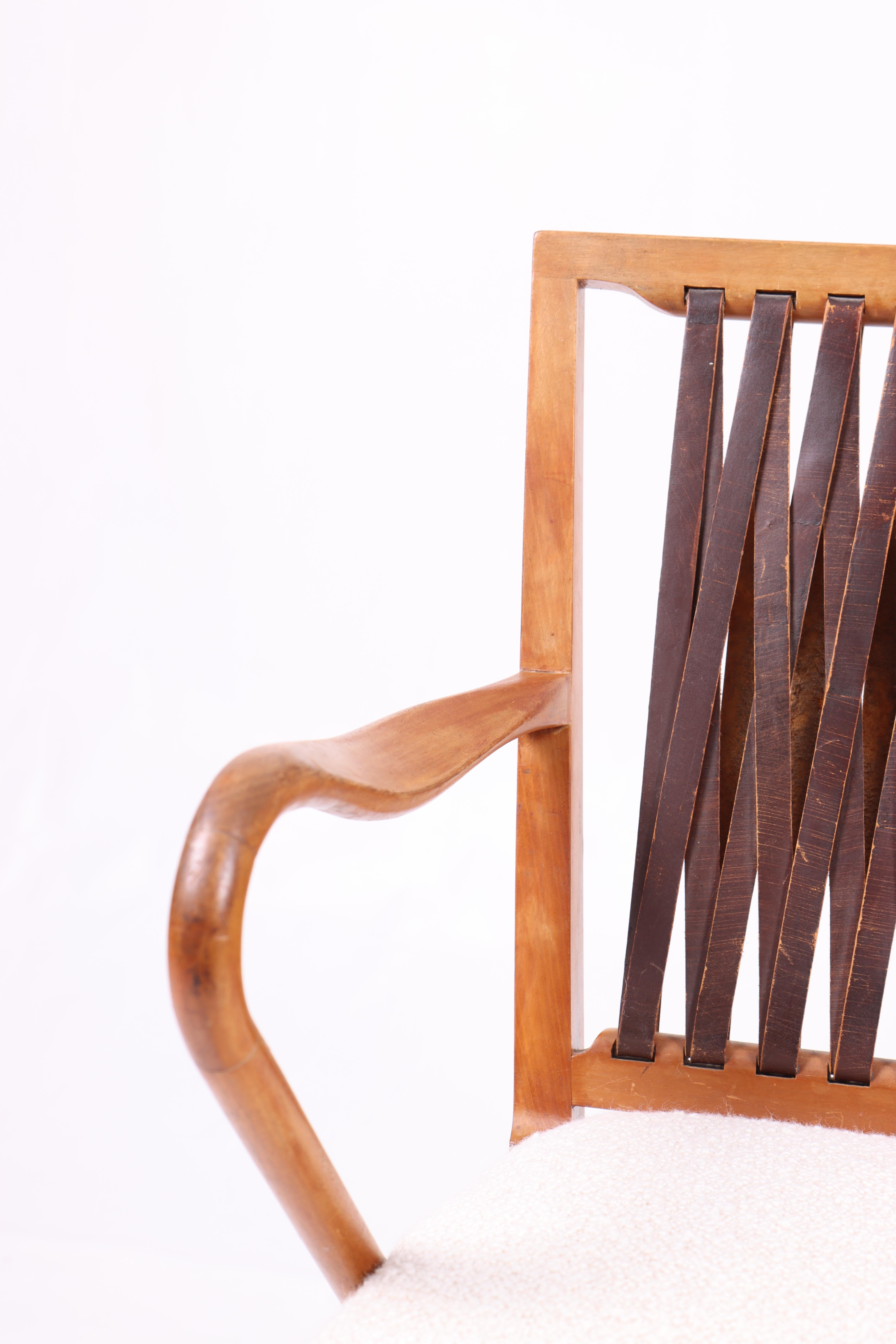 Scandinavian Modern Midcentury Arm Chair with Leather and Boucle Fabric, Made in Denmark 1950s For Sale