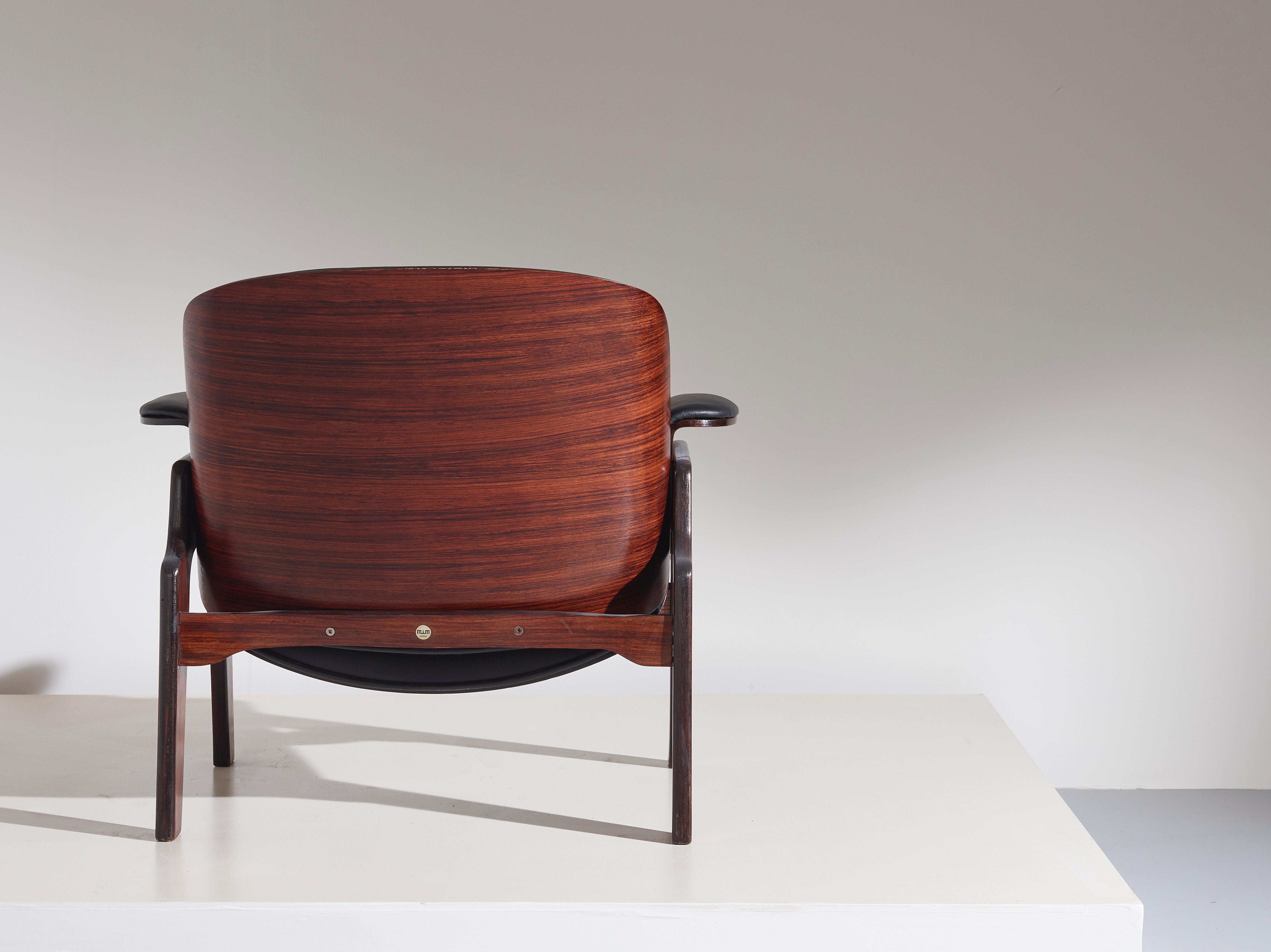 Midcentury Armchair by Ico Parisi for Mim Roma Made by Wood and Black Leather 1