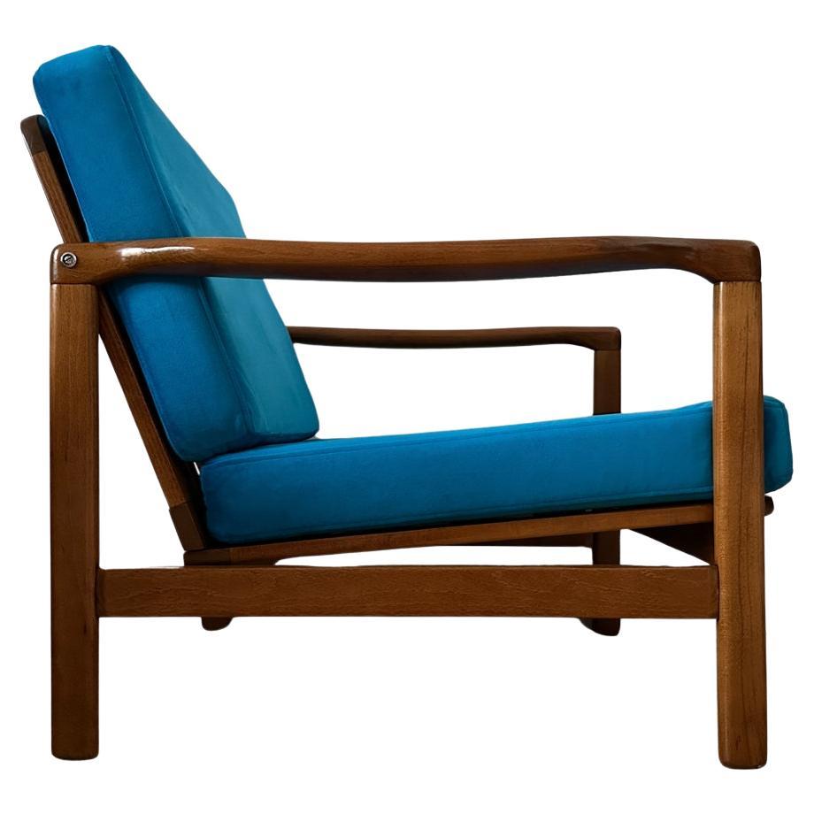 Midcentury Armchair by Zenon Baczyk, Blue Velvet Upholstery, Poland, 1960s For Sale