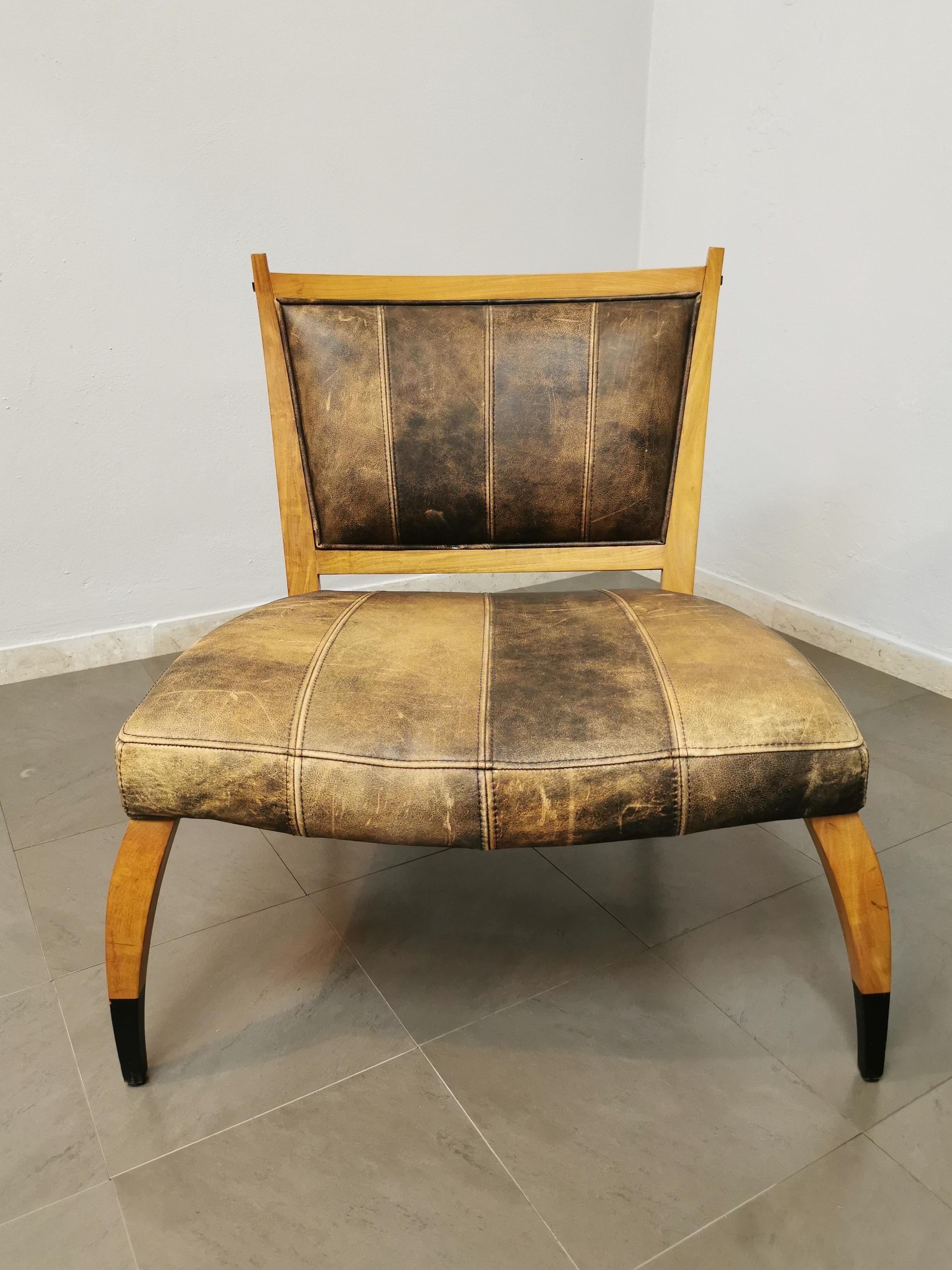 Mid-Century Modern Midcentury Armchair Footstool Aged Leather Wood Curved Brown Black 1960 Set of 2