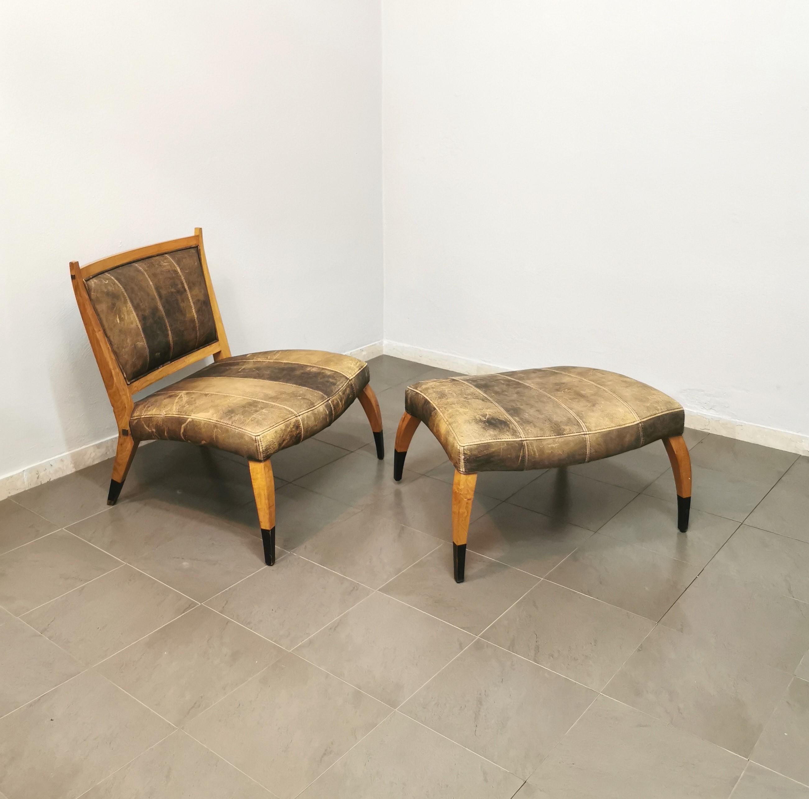 20th Century Midcentury Armchair Footstool Aged Leather Wood Curved Brown Black 1960 Set of 2