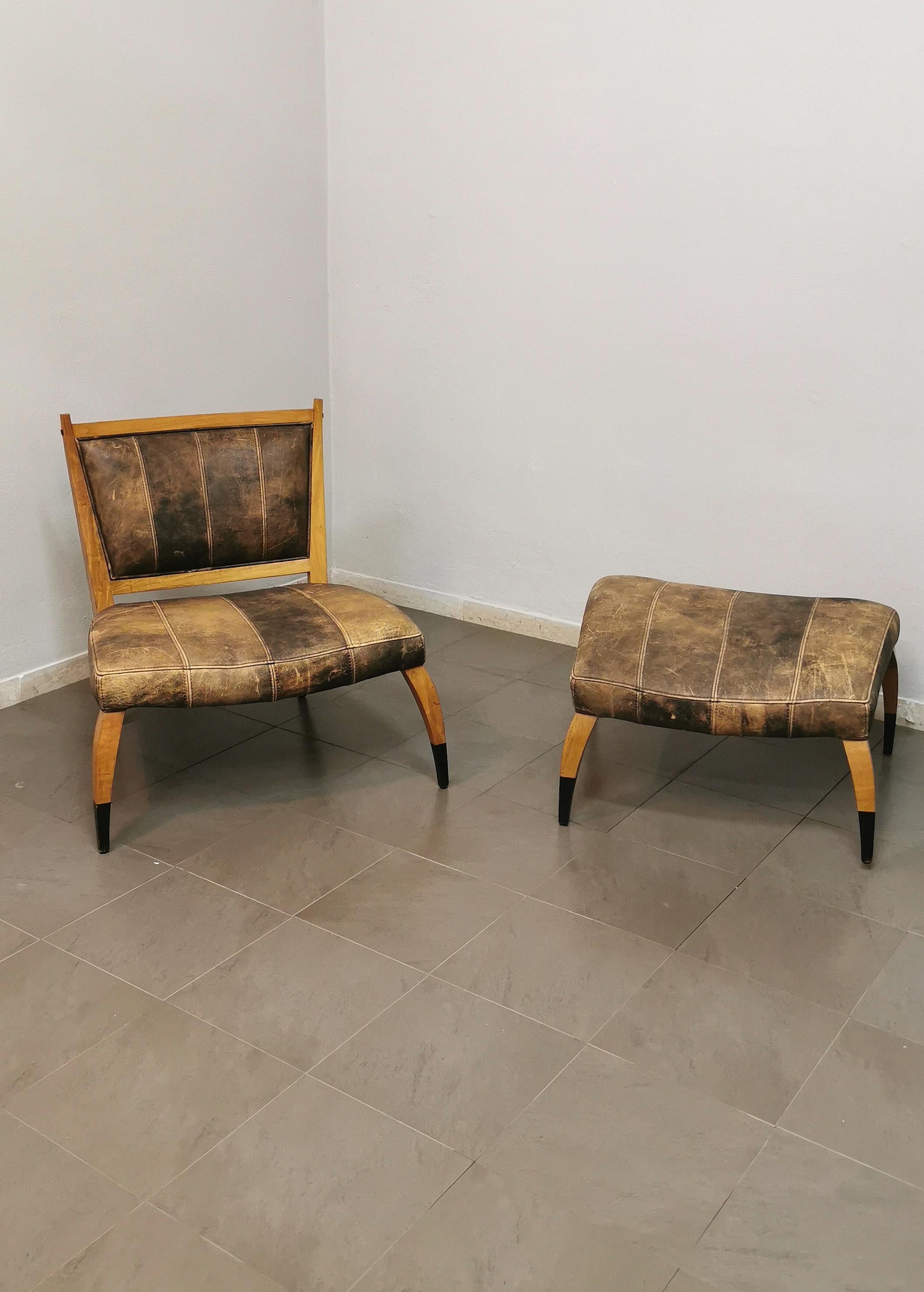 Midcentury Armchair Footstool Aged Leather Wood Curved Brown Black 1960 Set of 2 3