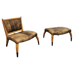 Midcentury Armchair Footstool Aged Leather Wood Curved Brown Black 1960 Set of 2