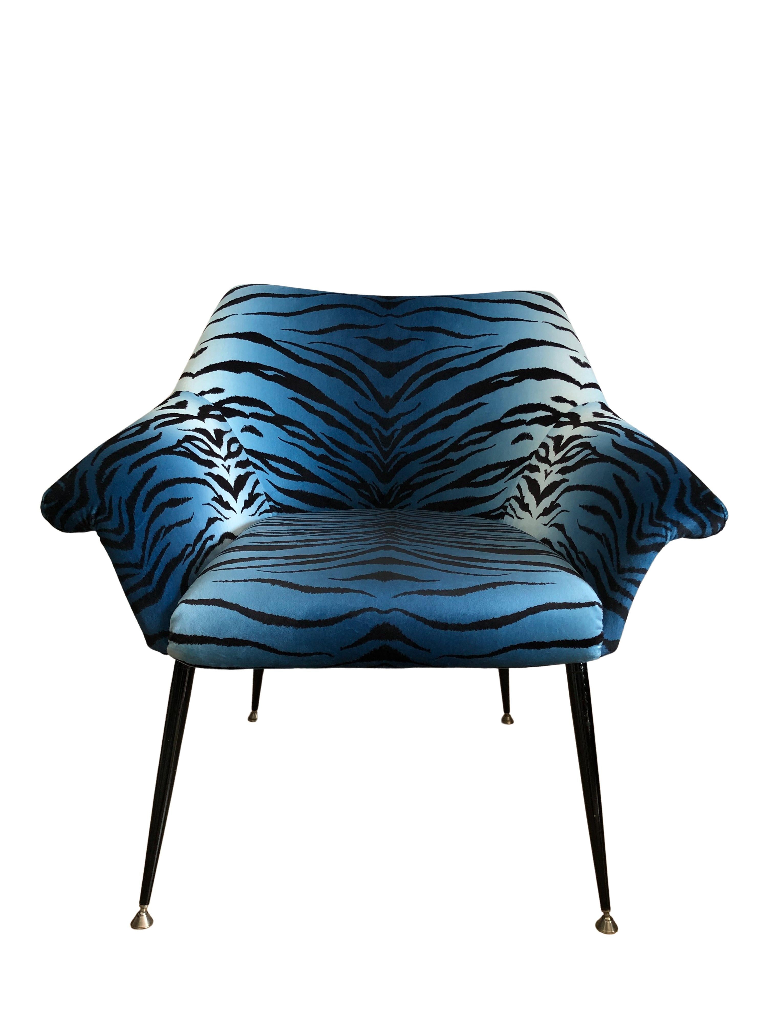 Mid-Century Modern Midcentury Armchair, in Blue Zebra Print Velvet, Europe, 1960s For Sale