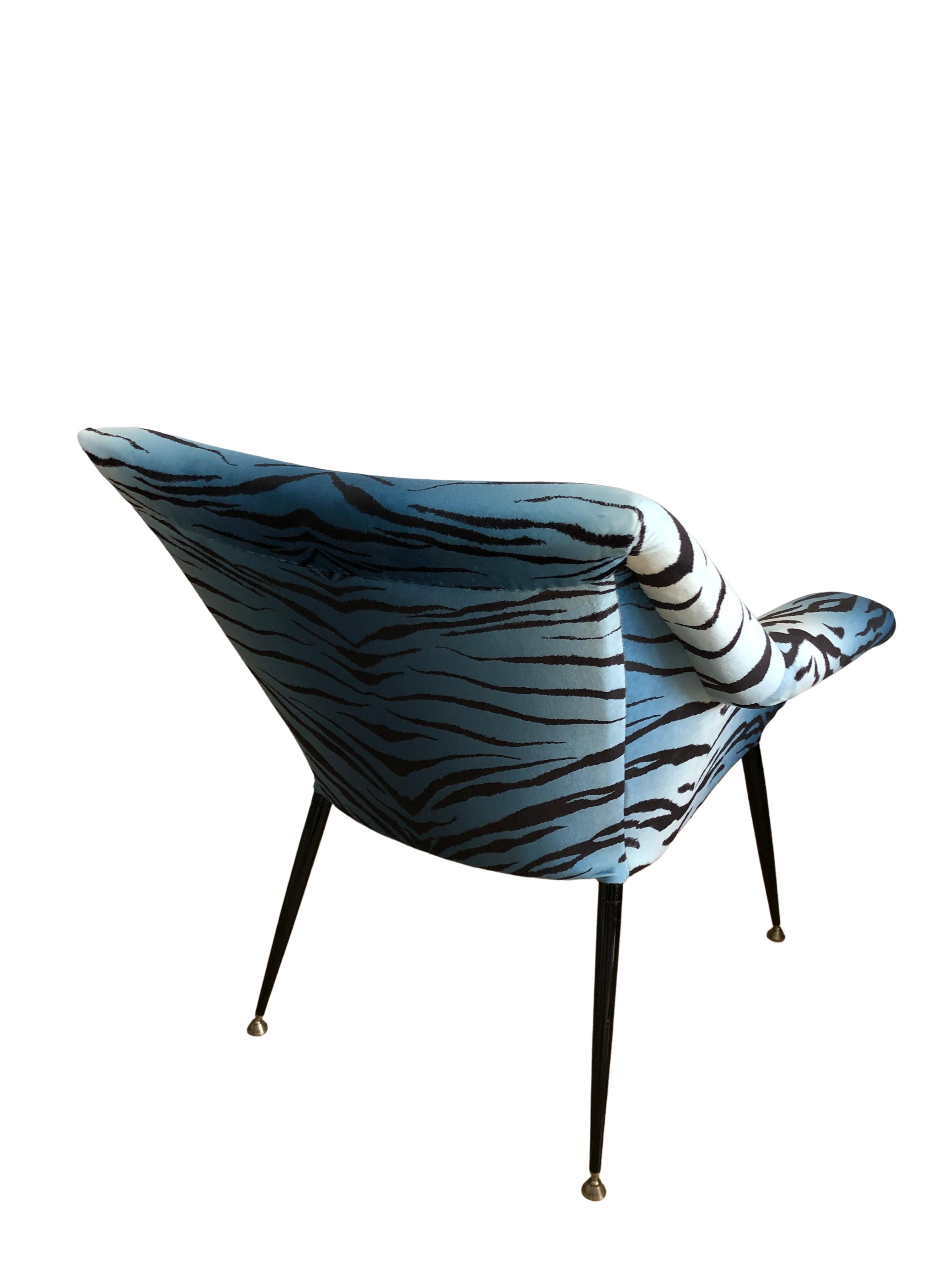 Hand-Crafted Midcentury Armchair, in Blue Zebra Print Velvet, Europe, 1960s For Sale