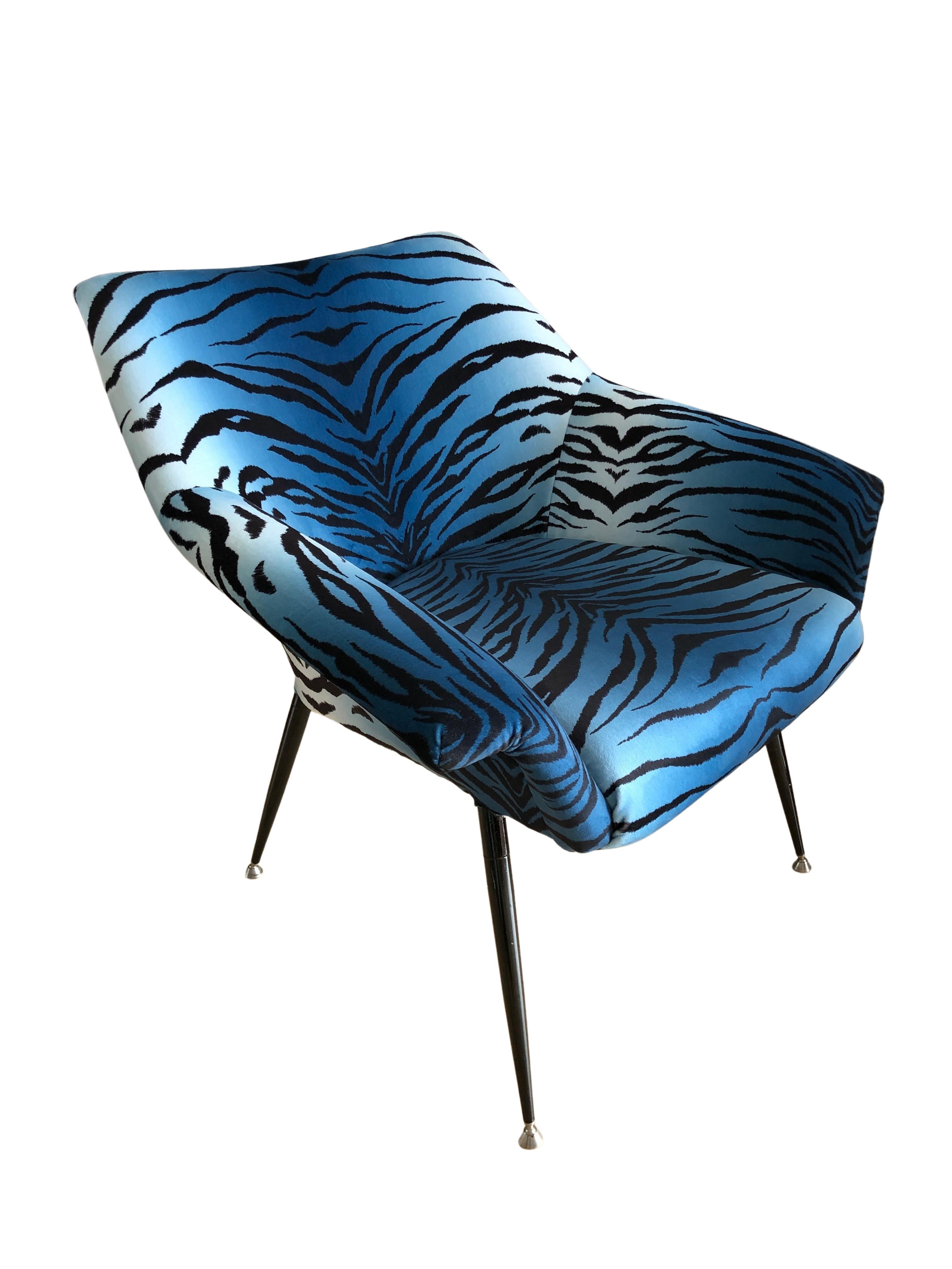 20th Century Midcentury Armchair, in Blue Zebra Print Velvet, Europe, 1960s For Sale