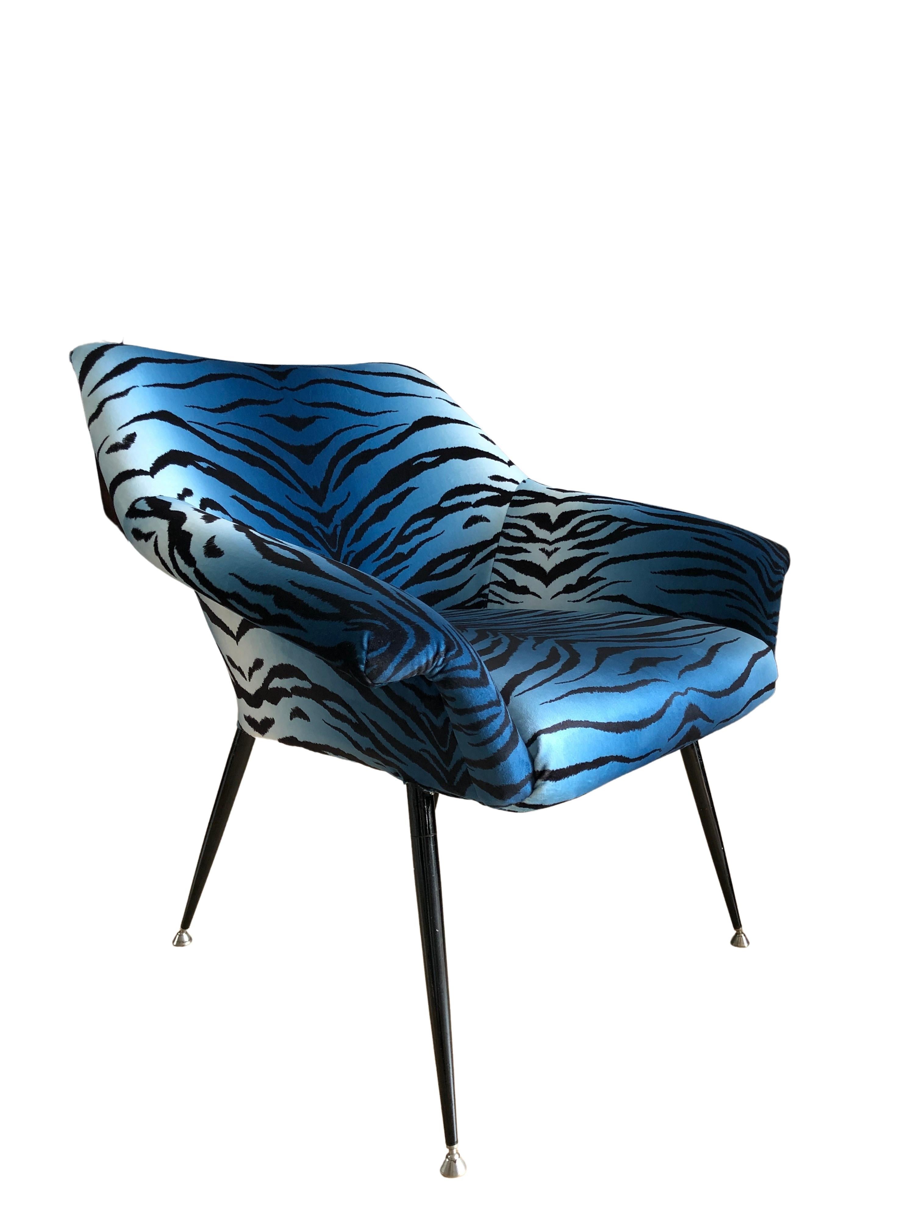 Metal Midcentury Armchair, in Blue Zebra Print Velvet, Europe, 1960s For Sale