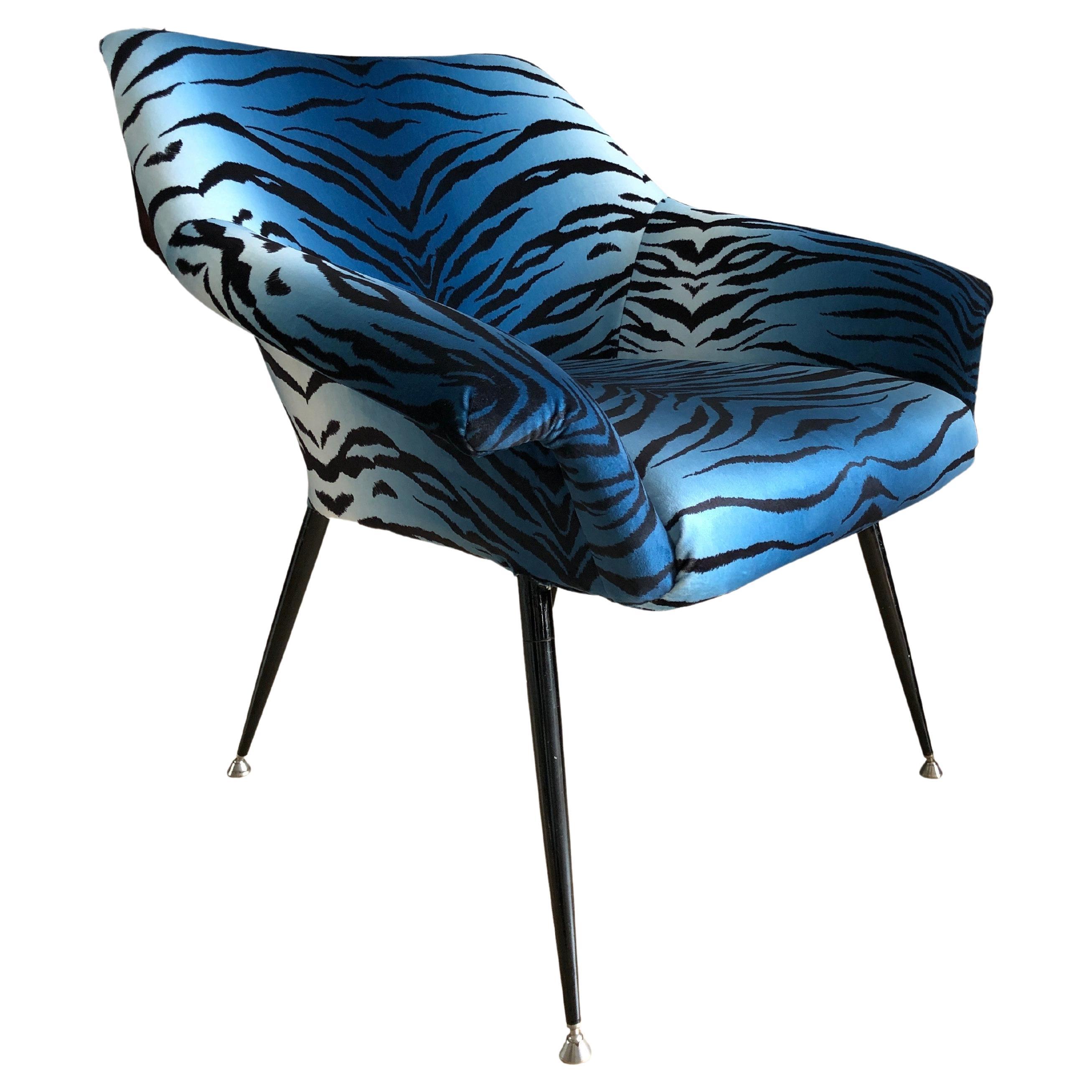 Midcentury Armchair, in Blue Zebra Print Velvet, Europe, 1960s For Sale