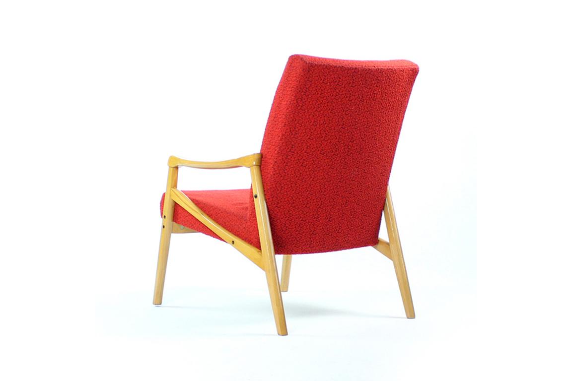 Czech Midcentury Armchair In Light Beech & Red Fabric By Interier Praha For Sale