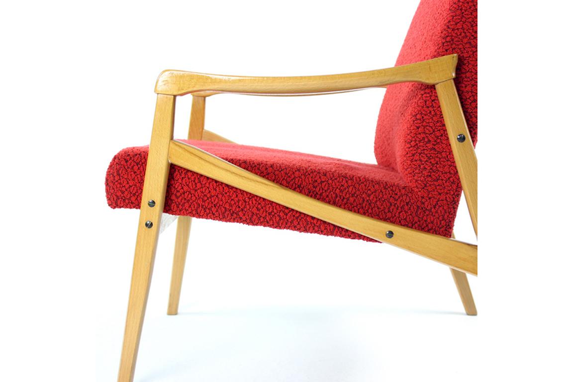 Late 20th Century Midcentury Armchair In Light Beech & Red Fabric By Interier Praha For Sale