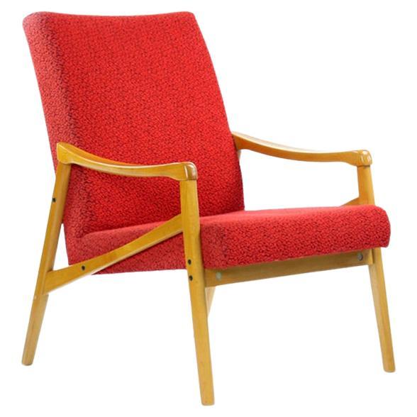 Midcentury Armchair In Light Beech & Red Fabric By Interier Praha For Sale