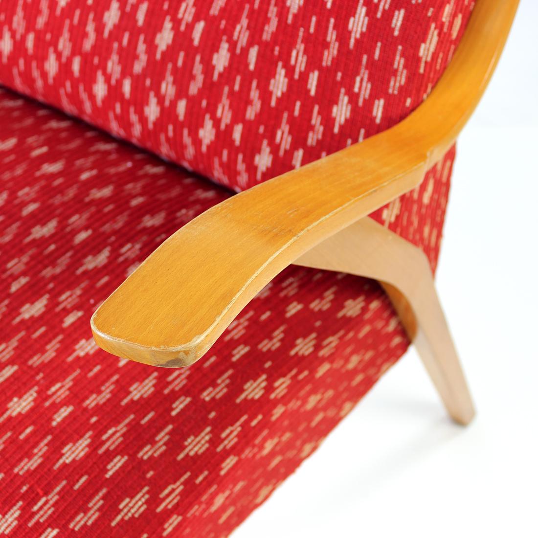 Midcentury Armchair in Original Red Fabric & Blonde Wood, Czechoslovakia, 1960s For Sale 5