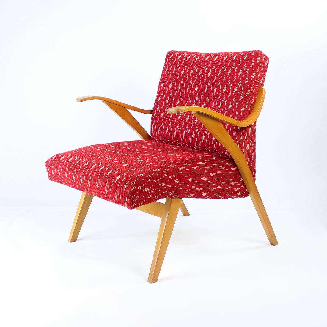 Mid-Century Modern Midcentury Armchair in Original Red Fabric & Blonde Wood, Czechoslovakia, 1960s For Sale