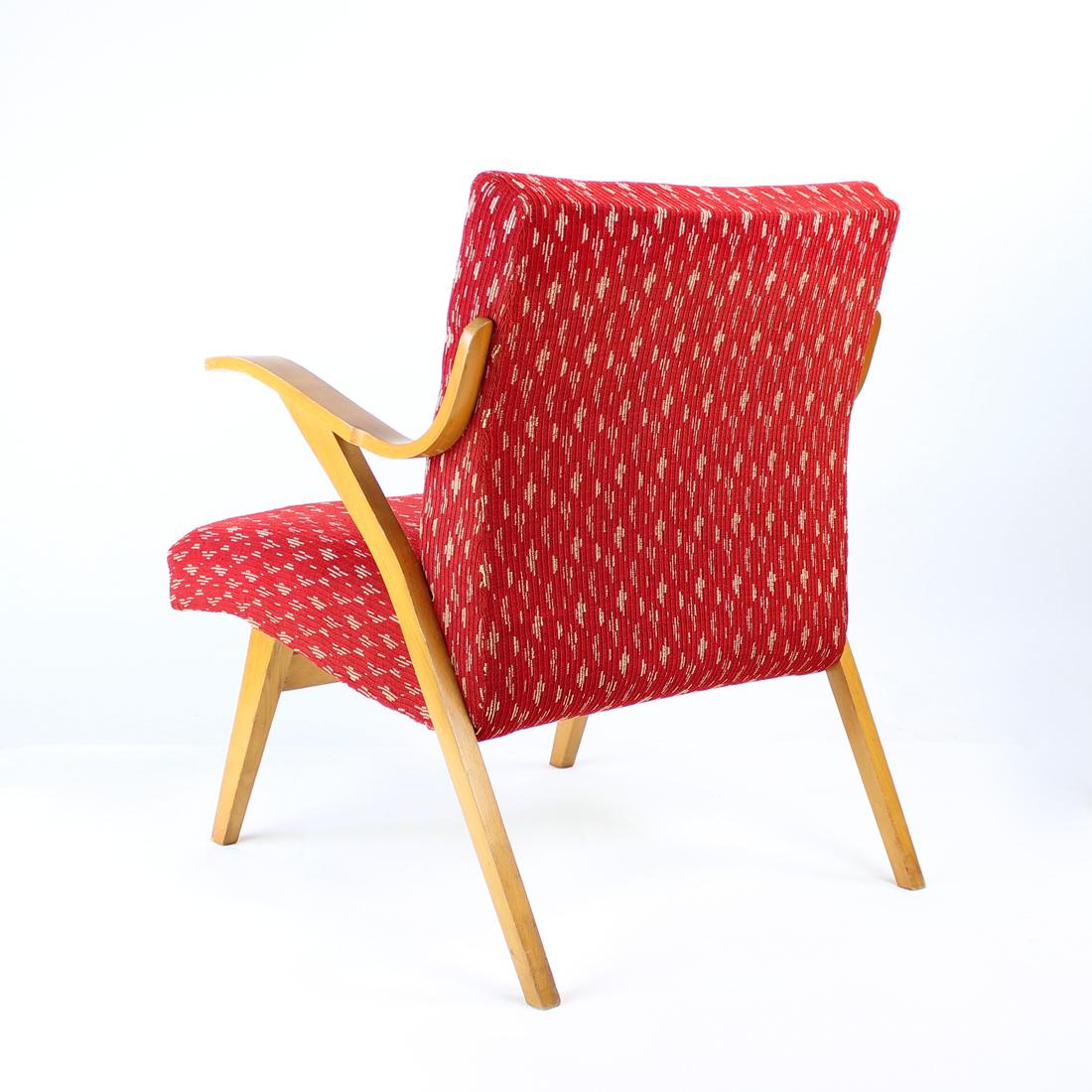 Mid-20th Century Midcentury Armchair in Original Red Fabric & Blonde Wood, Czechoslovakia, 1960s For Sale
