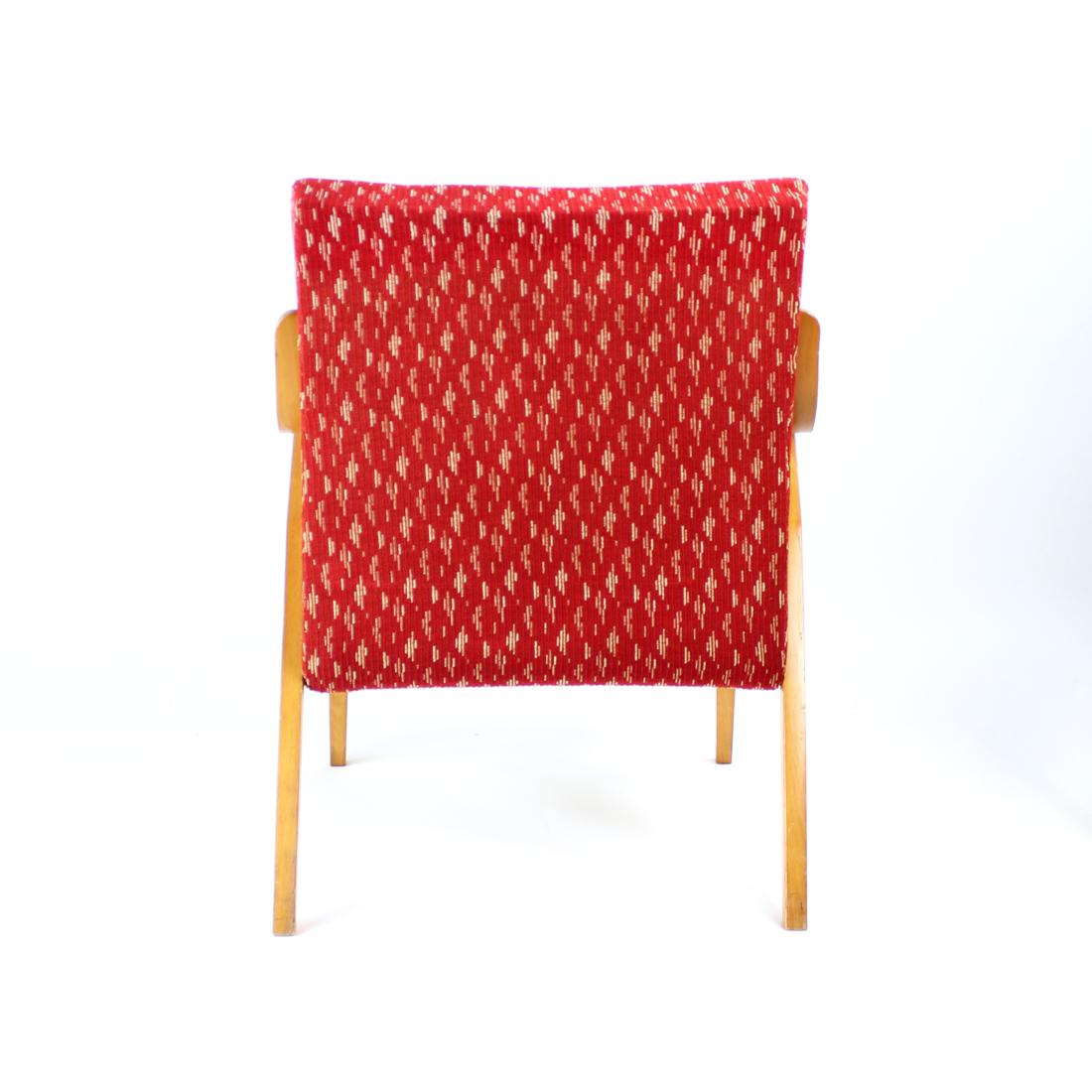 Textile Midcentury Armchair in Original Red Fabric & Blonde Wood, Czechoslovakia, 1960s For Sale
