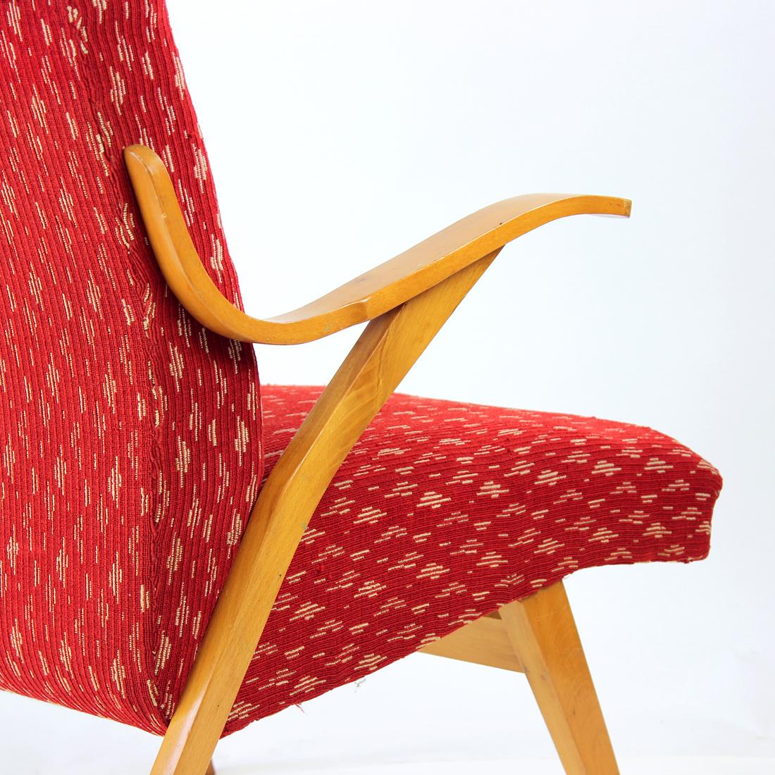 Midcentury Armchair in Original Red Fabric & Blonde Wood, Czechoslovakia, 1960s For Sale 1