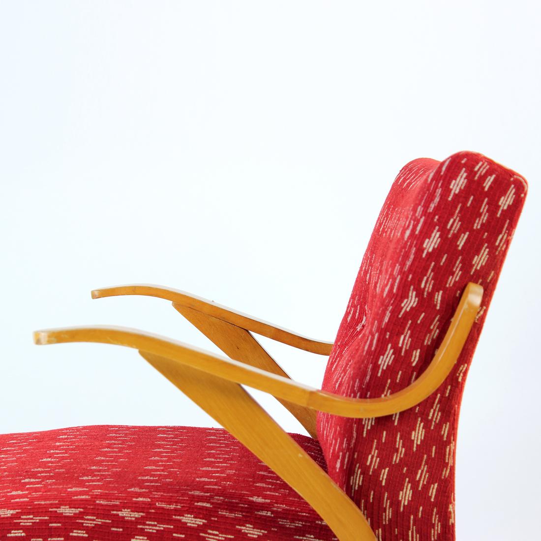 Midcentury Armchair in Original Red Fabric & Blonde Wood, Czechoslovakia, 1960s For Sale 2