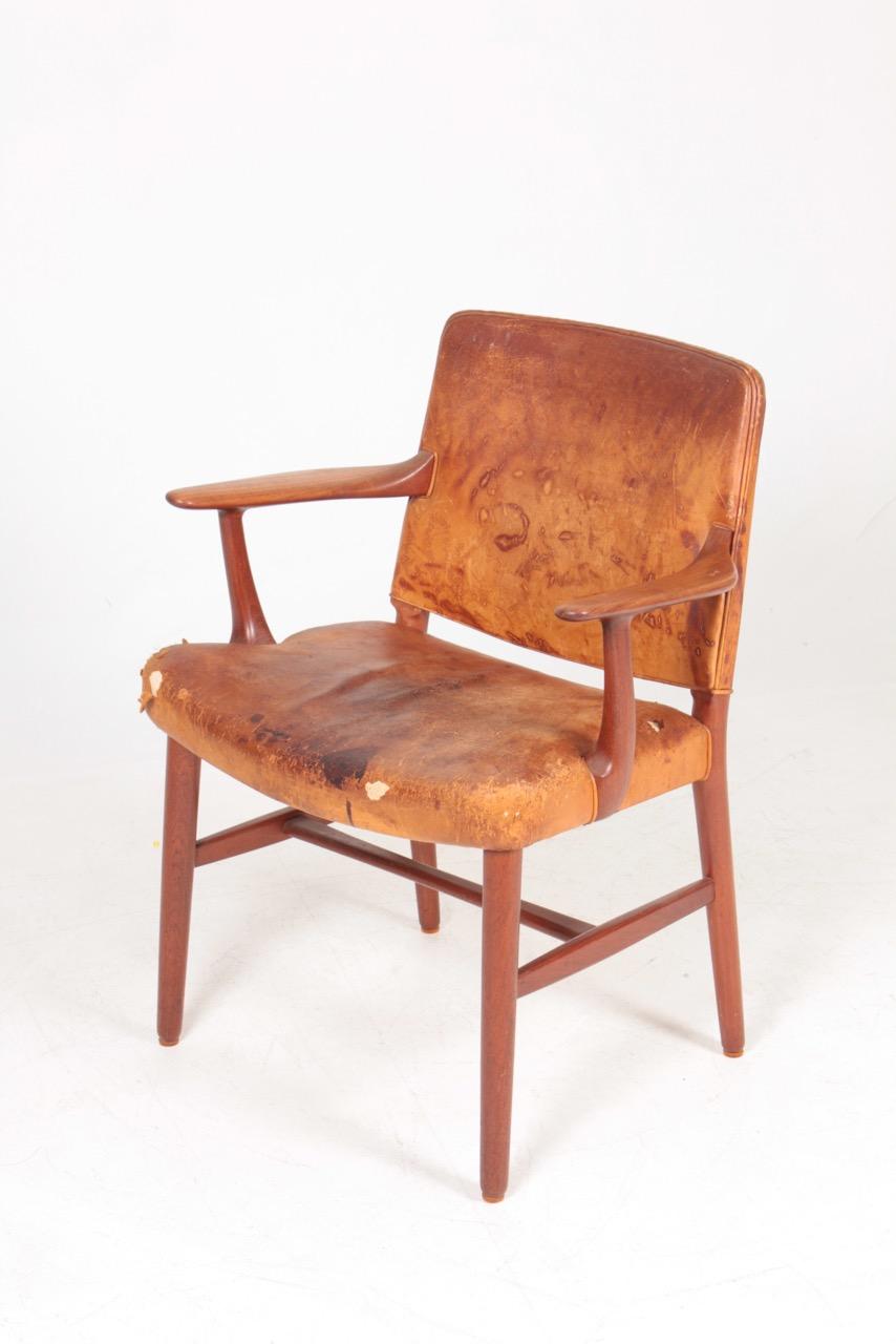 Scandinavian Midcentury Armchair in Teak and Patinated Leather, Danish Cabinetmaker 1950s