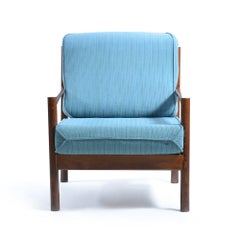 Midcentury Armchair in Teal Fabric and Dark Oak, Czechoslovakia, 1960s