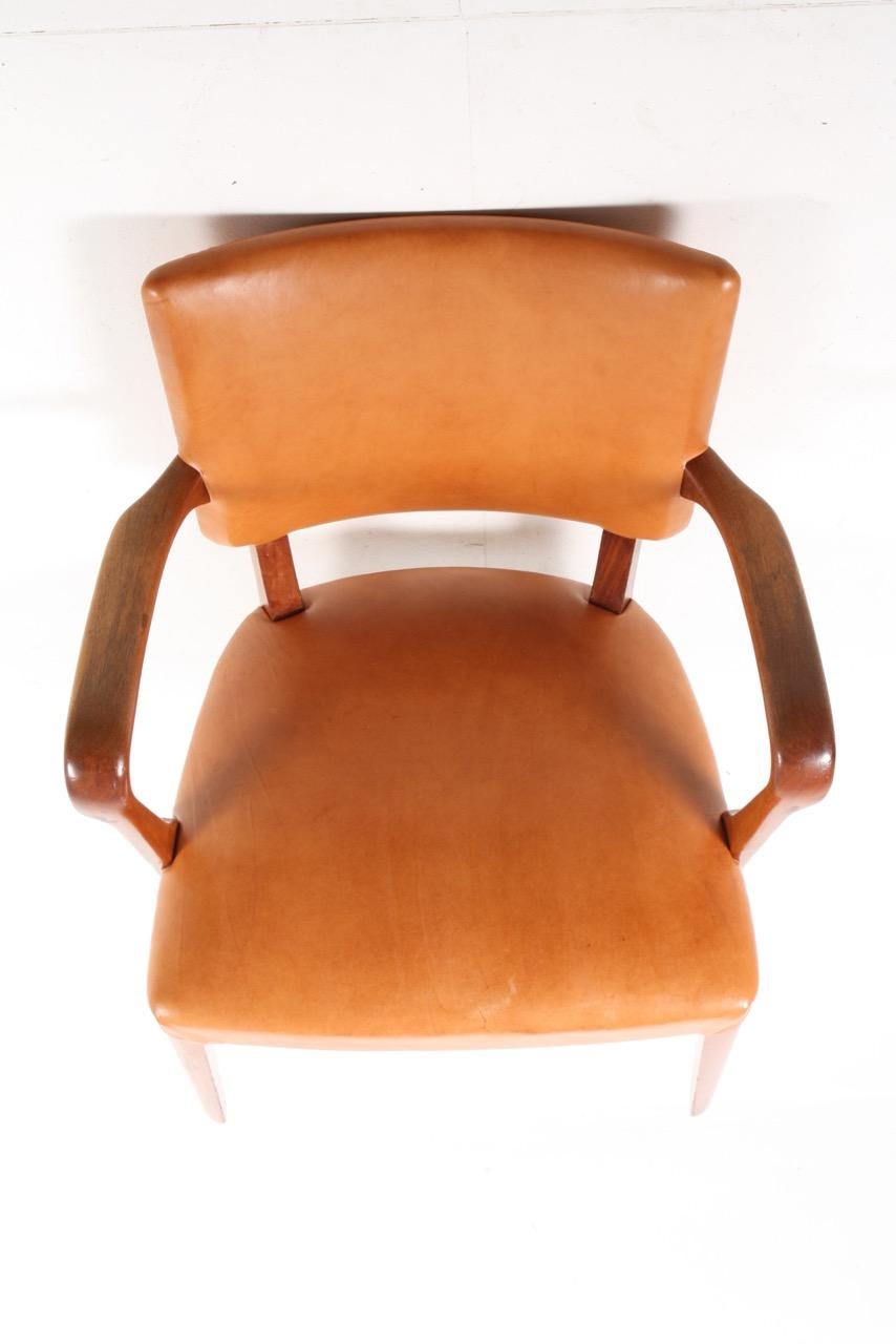 Midcentury Armchair in Walnut and Patinated Leather, Made in Denmark 1