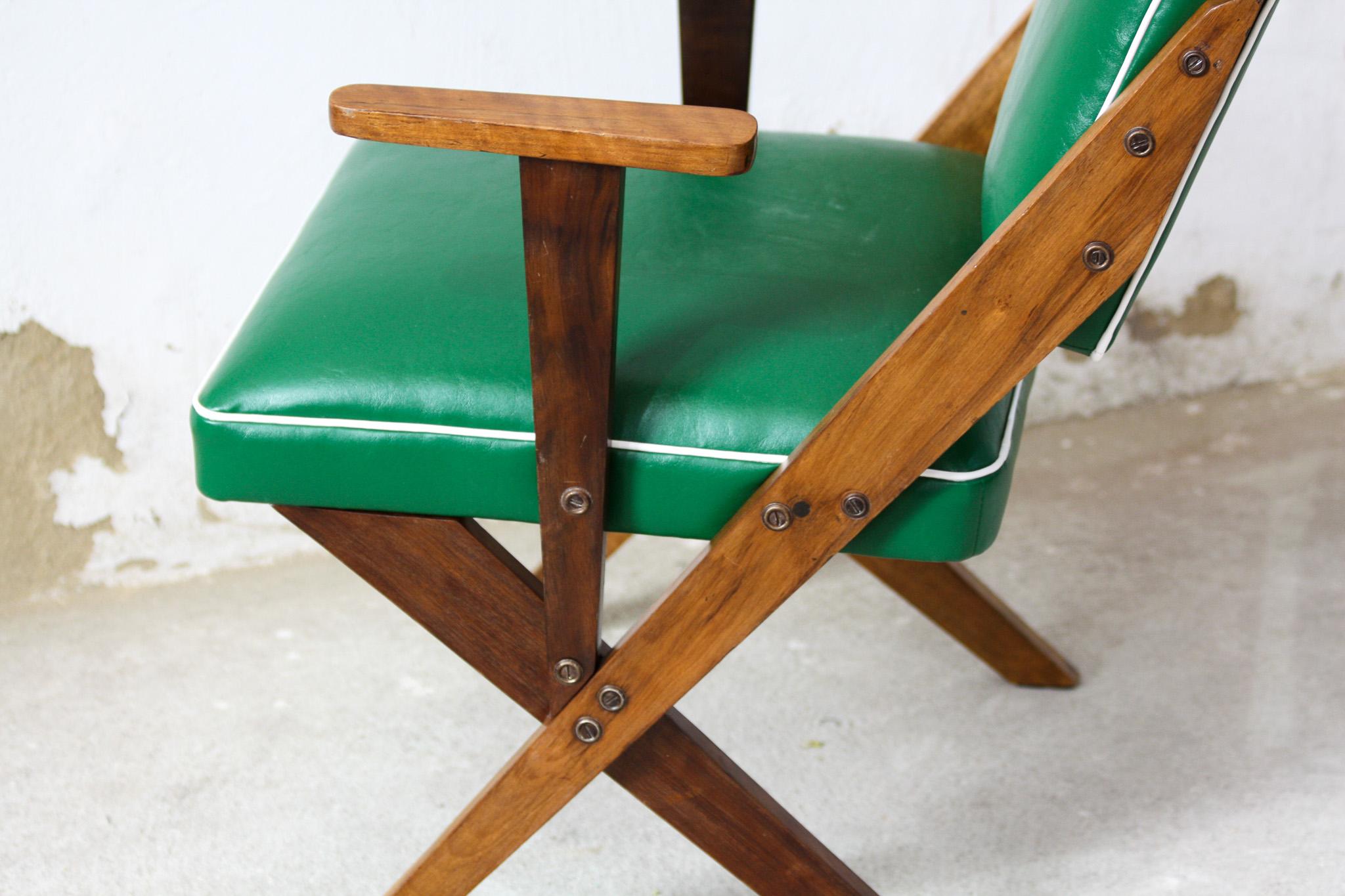 Midcentury Armchair in Wood & Green Faux Leather Jose Zanine Caldas c1950 Brazil For Sale 4