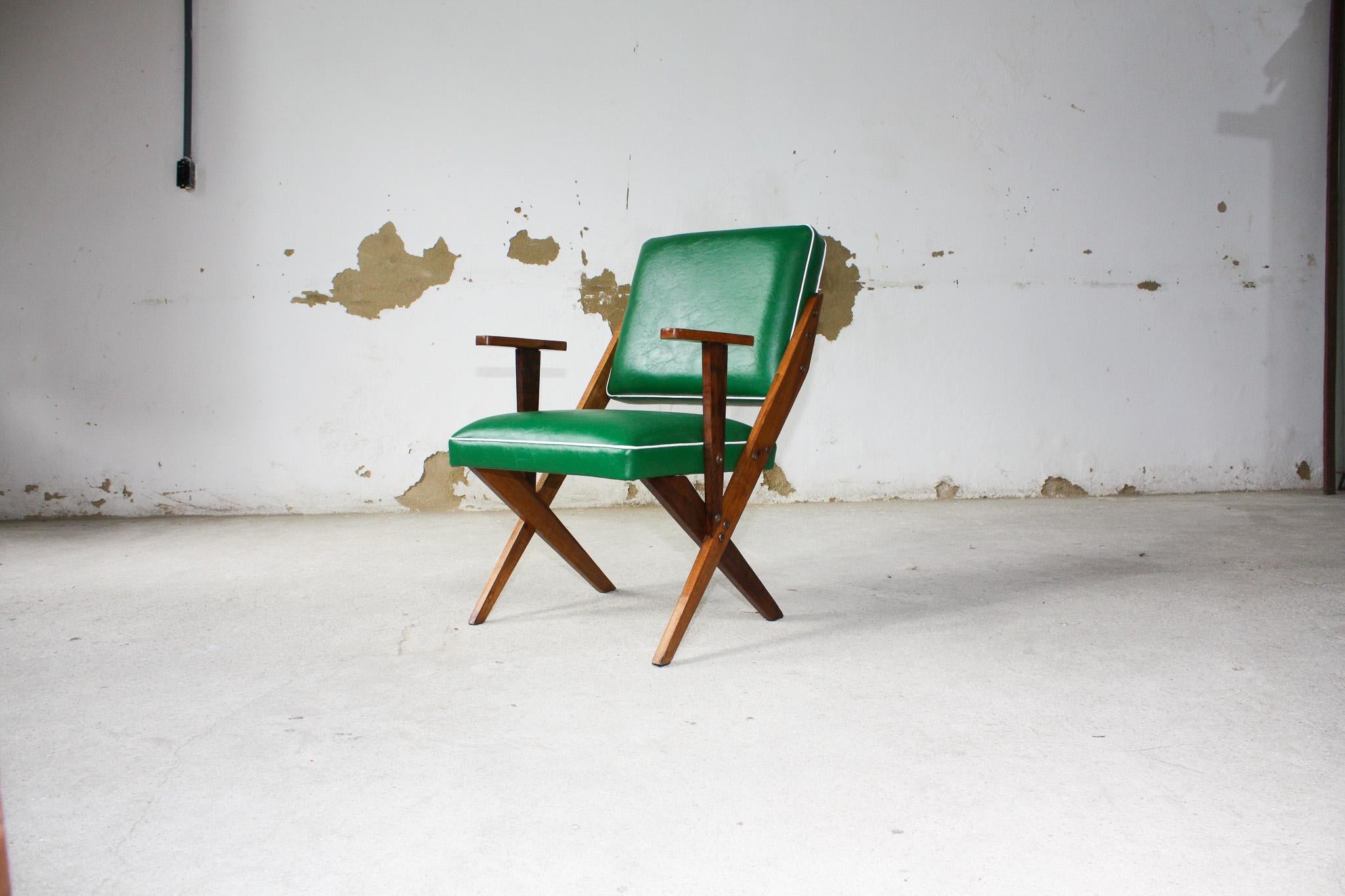 Mid-Century Modern Midcentury Armchair in Wood & Green Faux Leather Jose Zanine Caldas c1950 Brazil For Sale