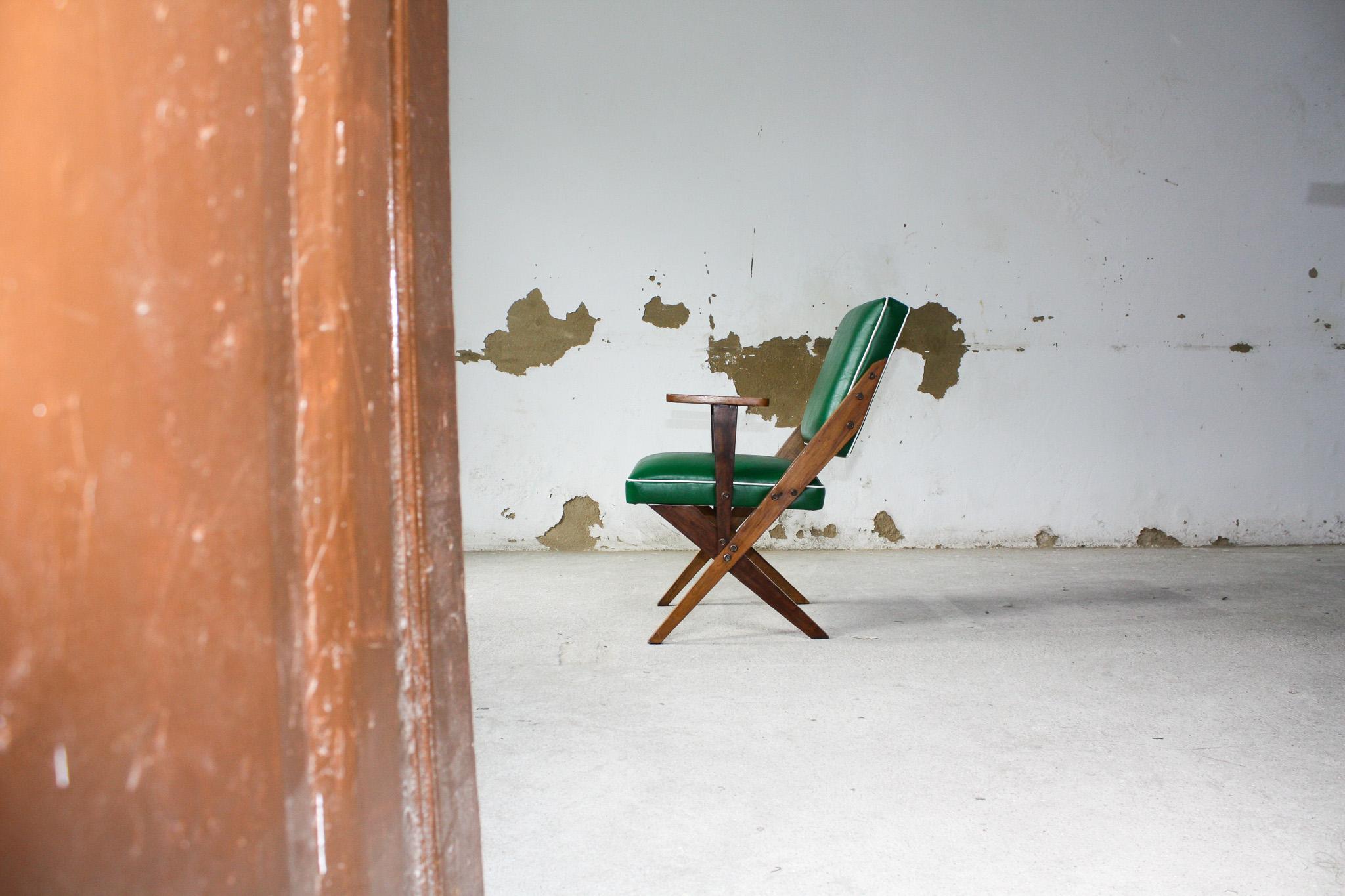 Woodwork Midcentury Armchair in Wood & Green Faux Leather Jose Zanine Caldas c1950 Brazil For Sale