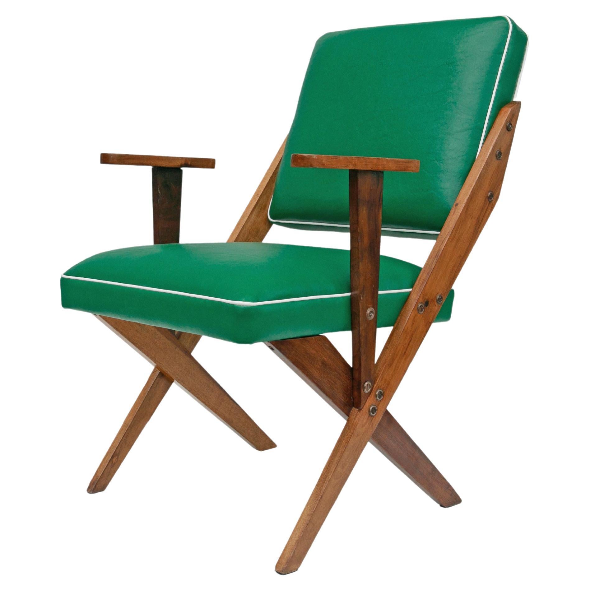 Midcentury Armchair in Wood & Green Faux Leather Jose Zanine Caldas c1950 Brazil For Sale
