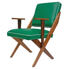 Midcentury Armchair in Wood & Green Faux Leather Jose Zanine Caldas c1950 Brazil