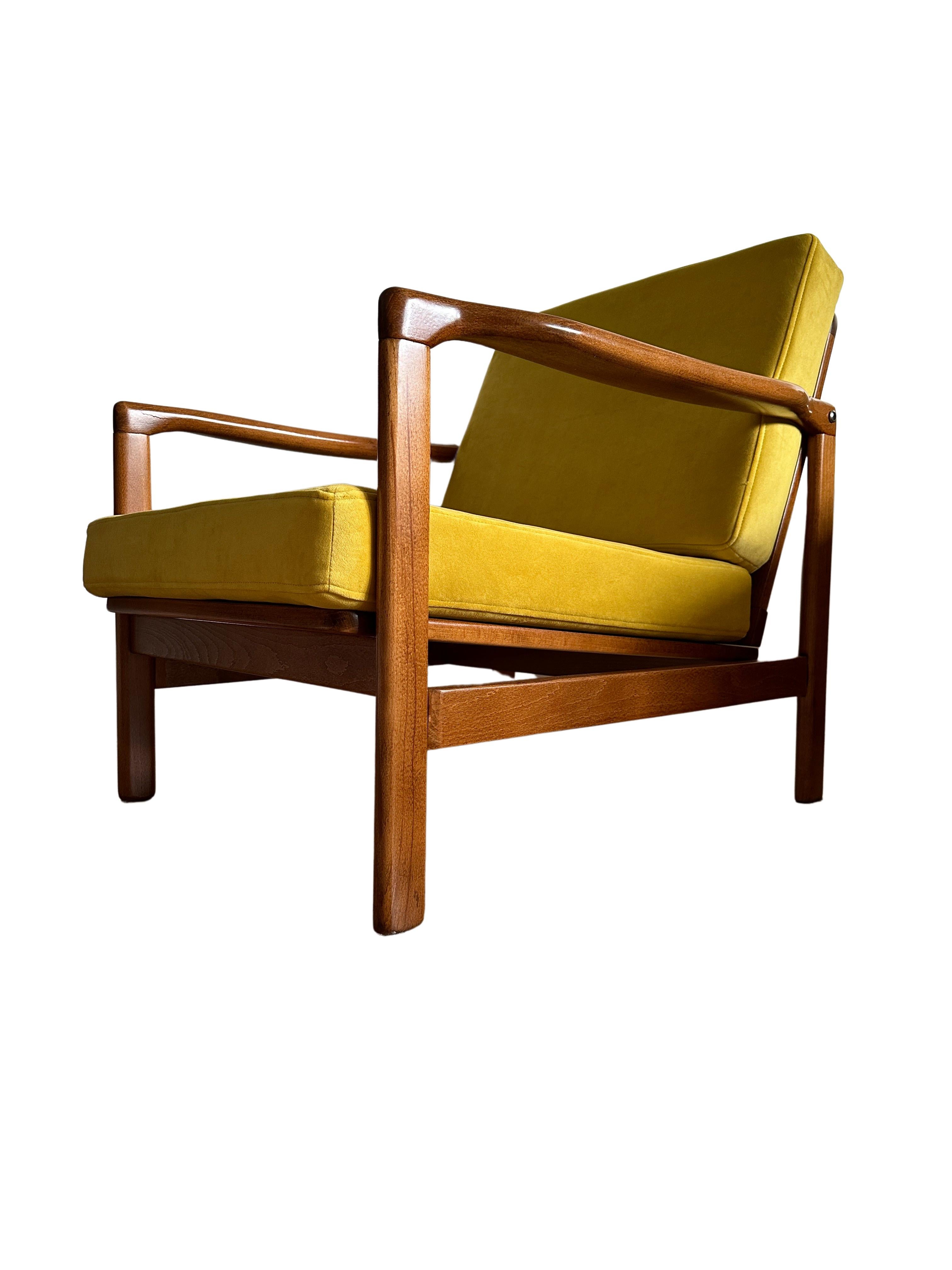 Hand-Crafted Midcentury Armchair, Yellow Velvet Upholstery, Poland, 1960s