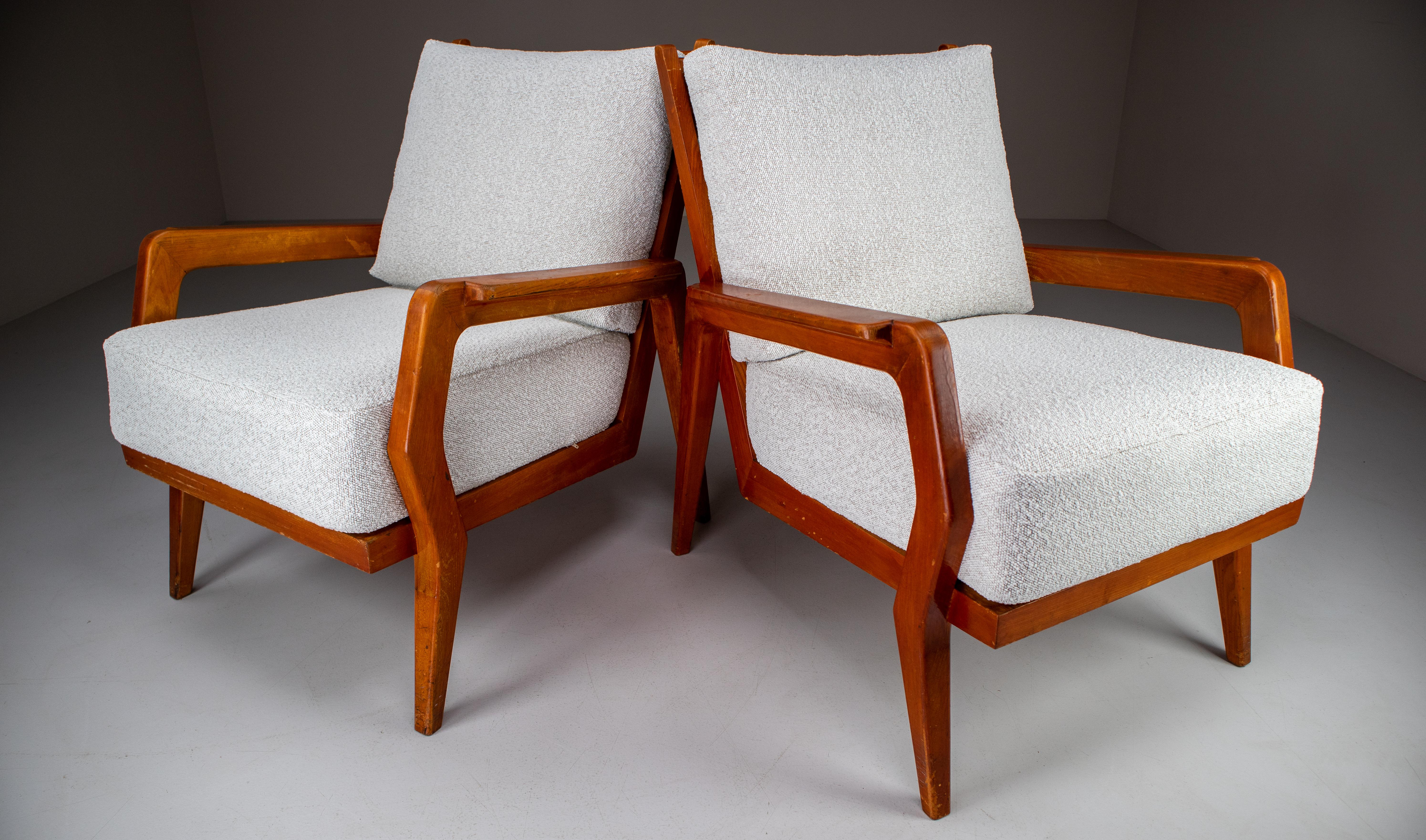 Mid-Century Modern Midcentury Armchairs in Ash and Reupholstered in Boucle Fabric, France, 1950s