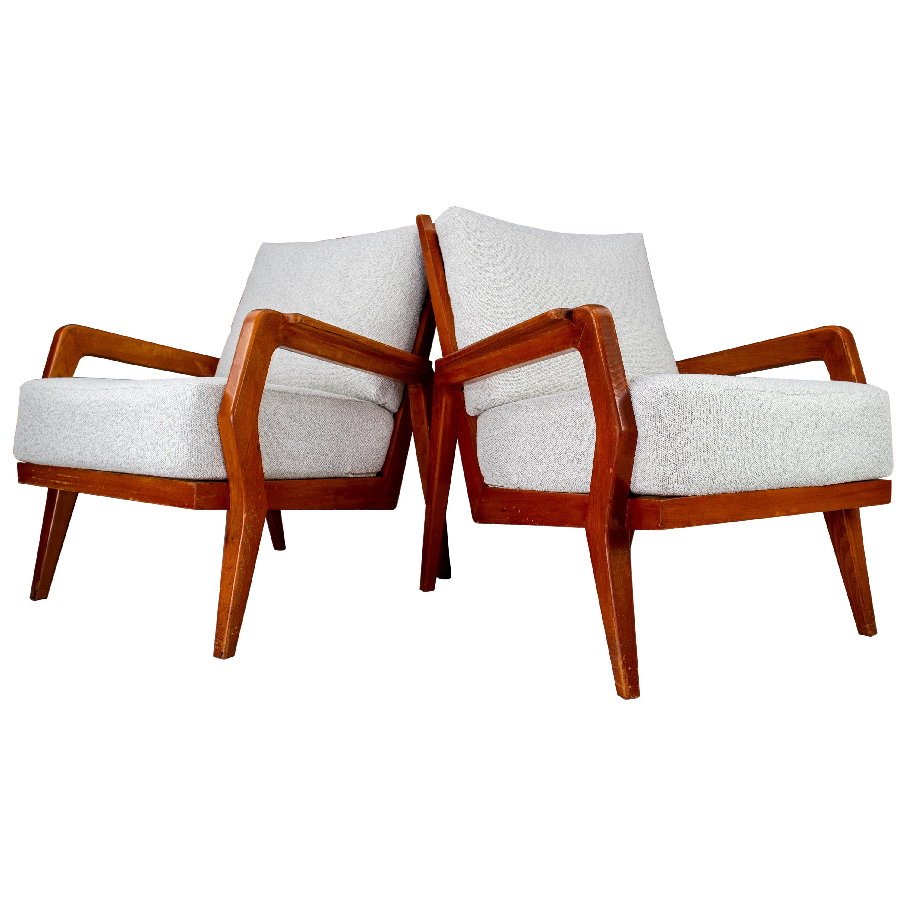 Midcentury Armchairs in Ash and Reupholstered in Boucle Fabric, France, 1950s